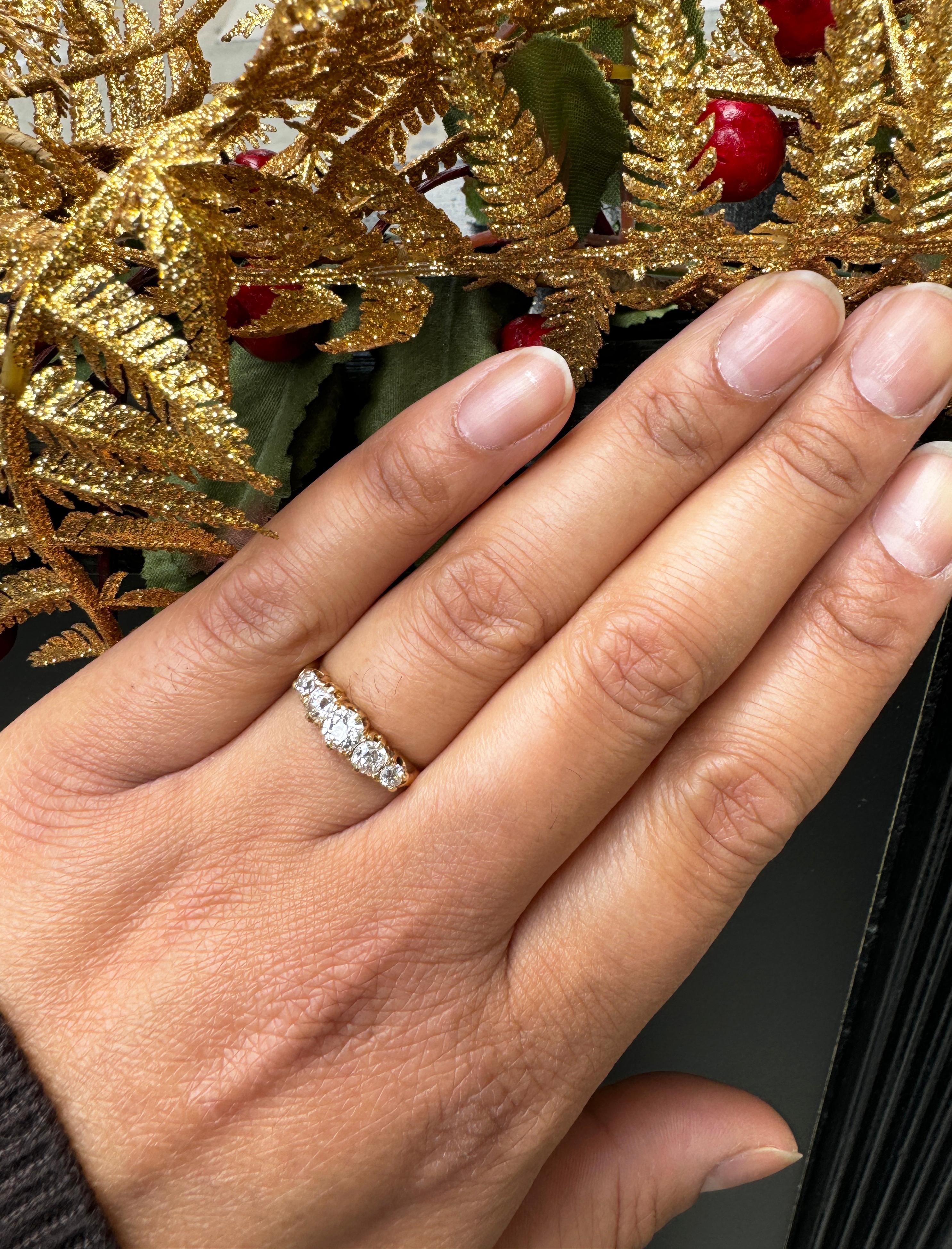 Five Stone Old Cut Diamond Ring in 18 Carat Yellow Gold For Sale 1
