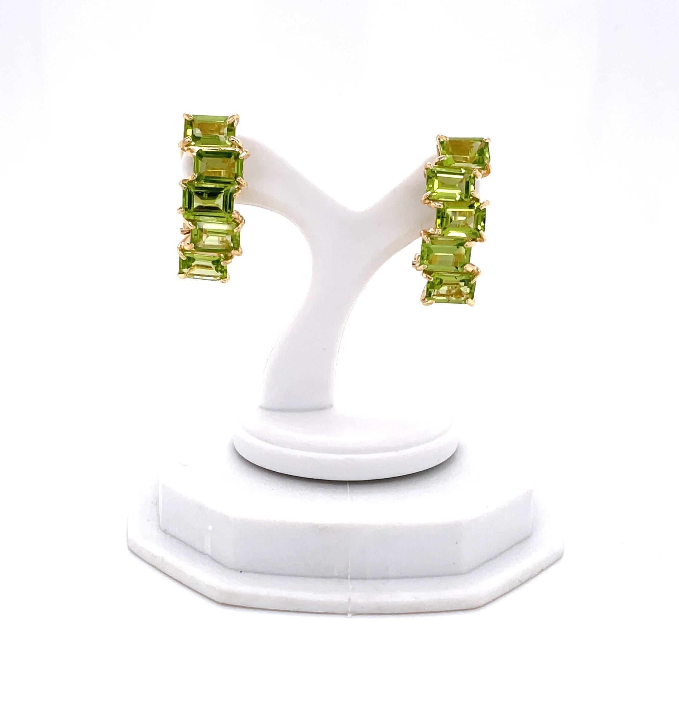 Emerald Cut Five Stone Peridot 14 Karat Yellow Gold Drop Earrings