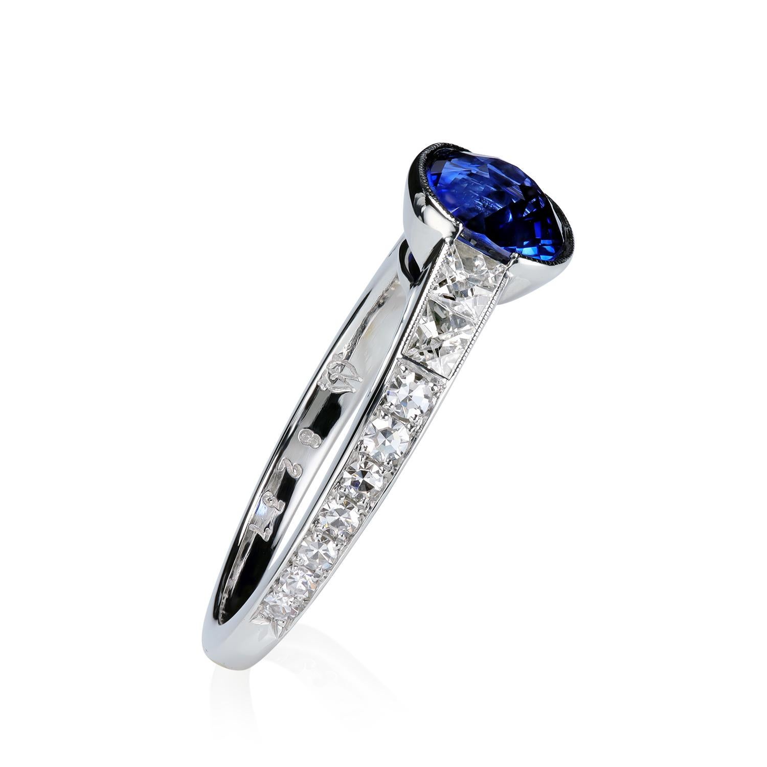 Beautiful Royal Blue 1.69 carats GIA-certified sapphire, certificate GIA 620478673, with channel-set French cut diamonds and bright-cut pave. Vintage feel and look with milgrain detail.
French cut diamonds 0.37 carats TW
14 Single cut diamonds 0.26