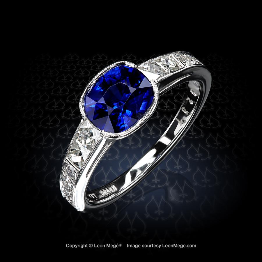 Contemporary Five-Stone Platinum Ring with a Certified 1.69 Ct Blue Cushion Sapphire