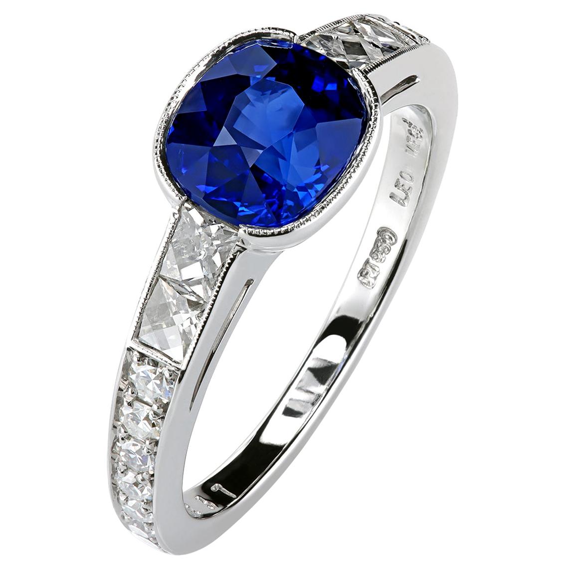 Five-Stone Platinum Ring with a Certified 1.69 Ct Blue Cushion Sapphire