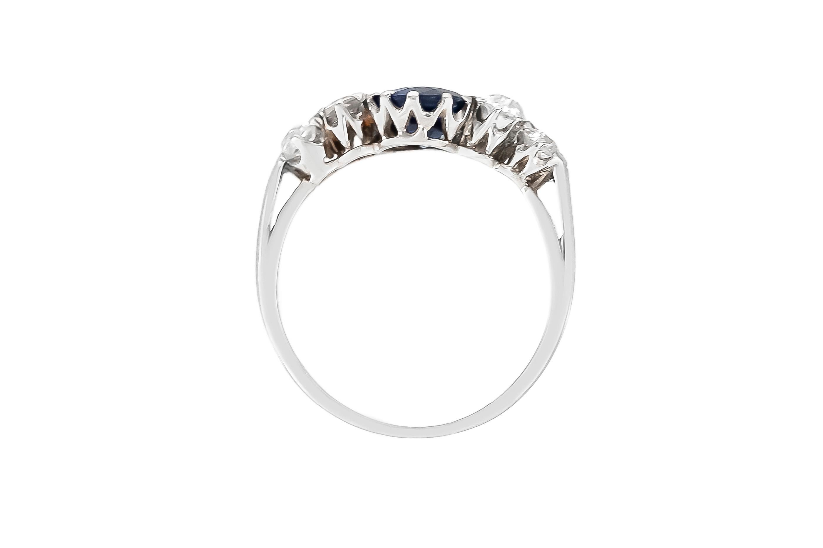 The ring is finely crafted in platinum with center sapphire weighing approximately total of 1.00 carat and diamonds weighing approximately total of 0.50 carat.
Circa 1970.
