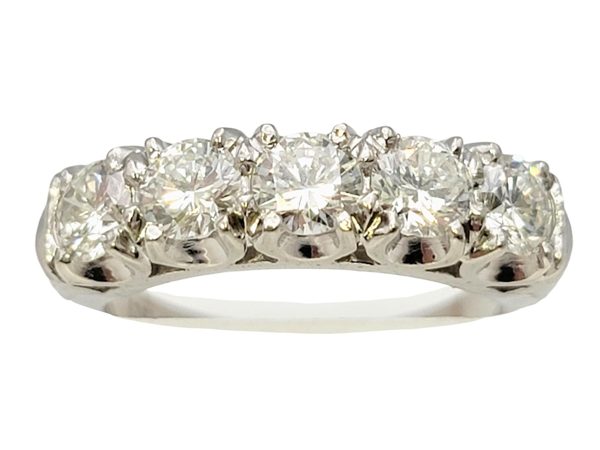 Round Cut Five Stone Round Brilliant Diamond Semi-Eternity Band Ring in Platinum For Sale