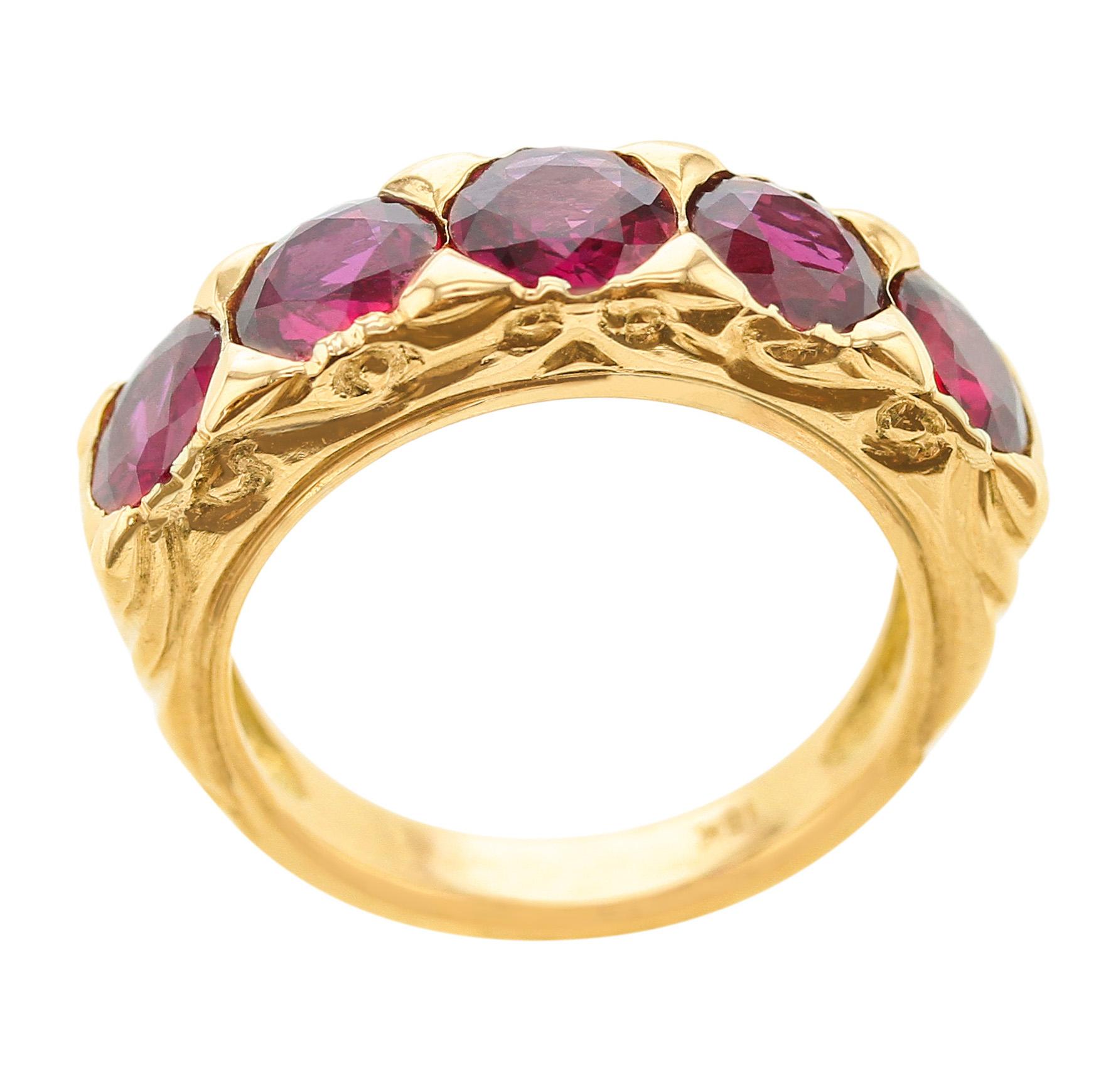 Round Cut Five-Stone Ruby Band, 18 Karat Yellow Gold For Sale