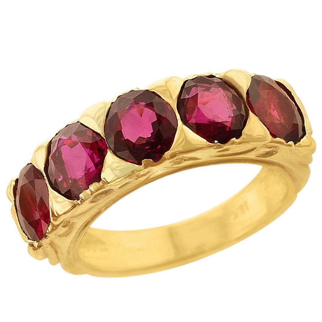 Women's or Men's Five-Stone Ruby Band, 18 Karat Yellow Gold For Sale