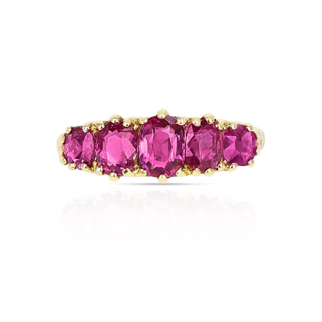 Round Cut Five Stone Ruby Oval and Round Victorian Ring, 18K Yellow For Sale