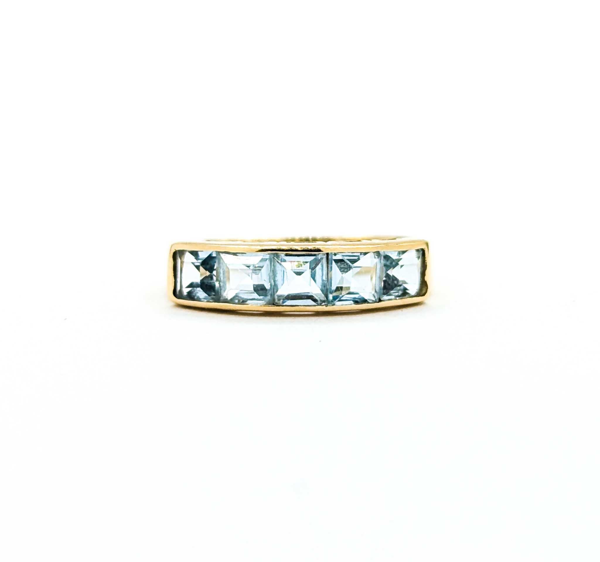 Contemporary Five-Stone Sky Blue Topaz Ring in 14k Yellow Gold For Sale