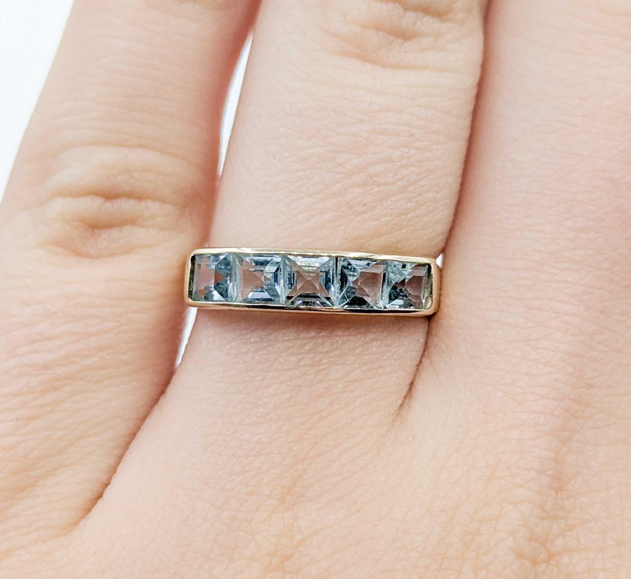 Women's Five-Stone Sky Blue Topaz Ring in 14k Yellow Gold For Sale