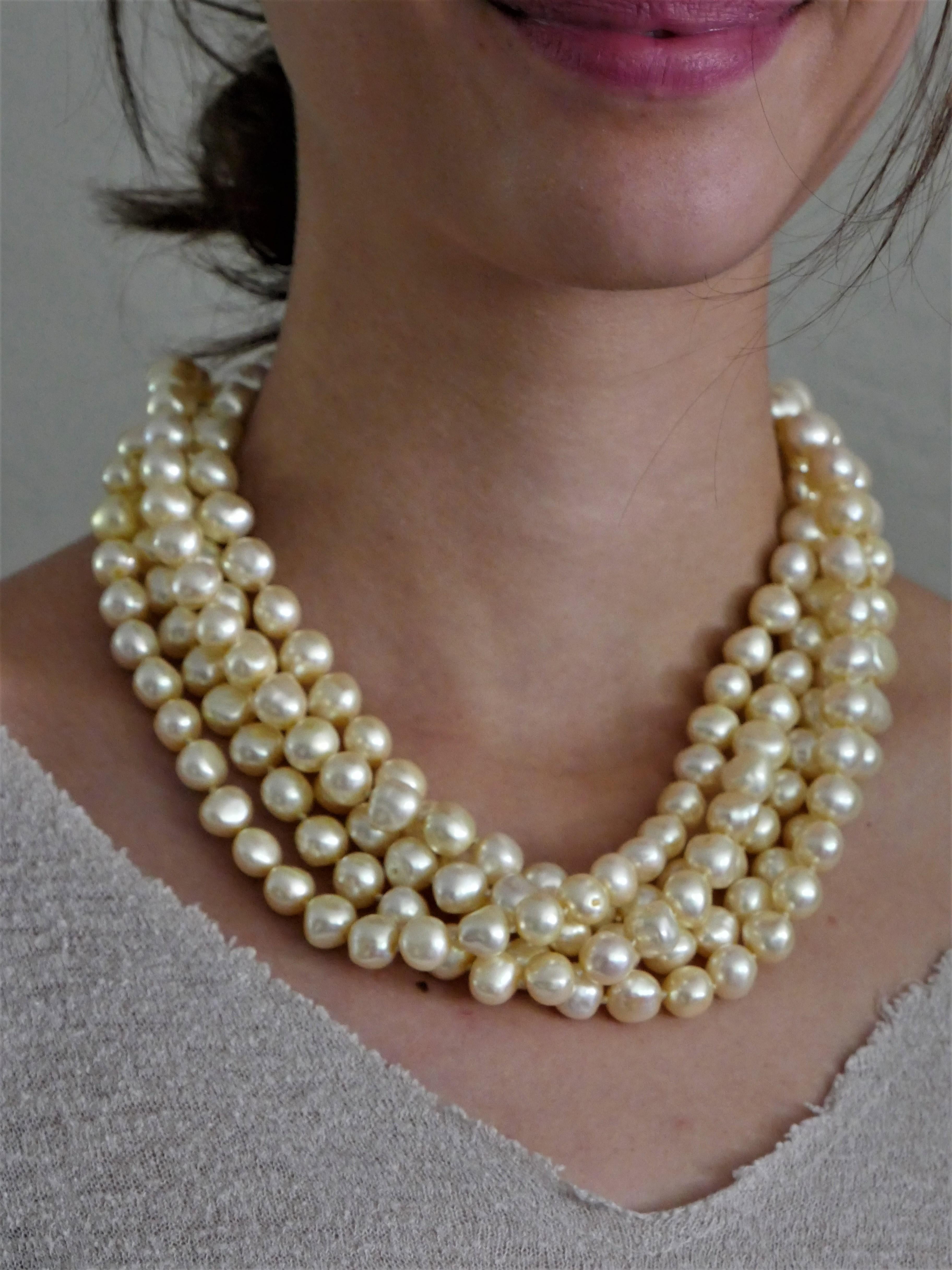 Five Strand Champagne Cultured Nugget Pearls 925 Sterling Silver Clasp Necklace For Sale 2