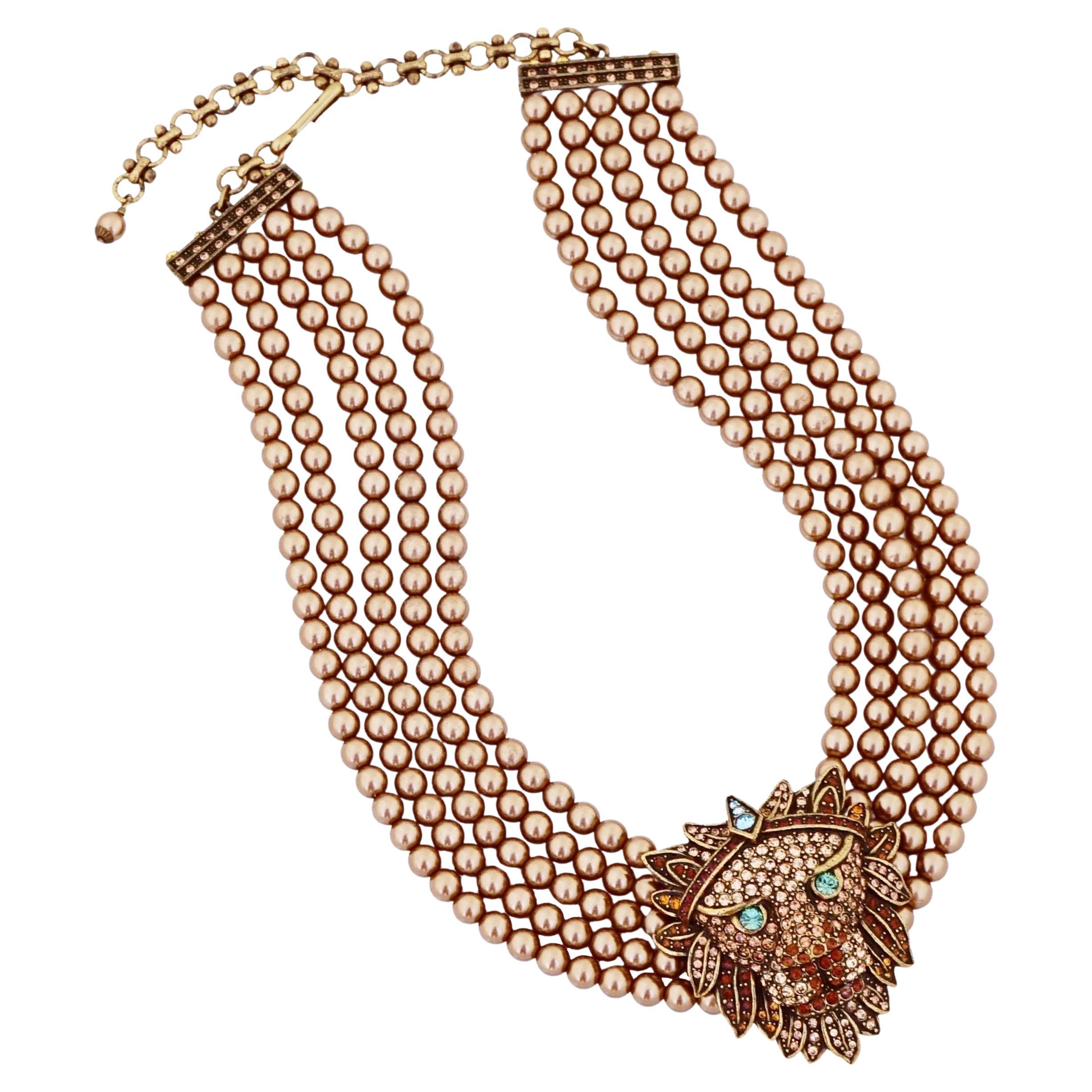 Fünfstrangige mit Kristall verzierte Löwen-Statement-Halskette von Heidi Daus im Angebot
