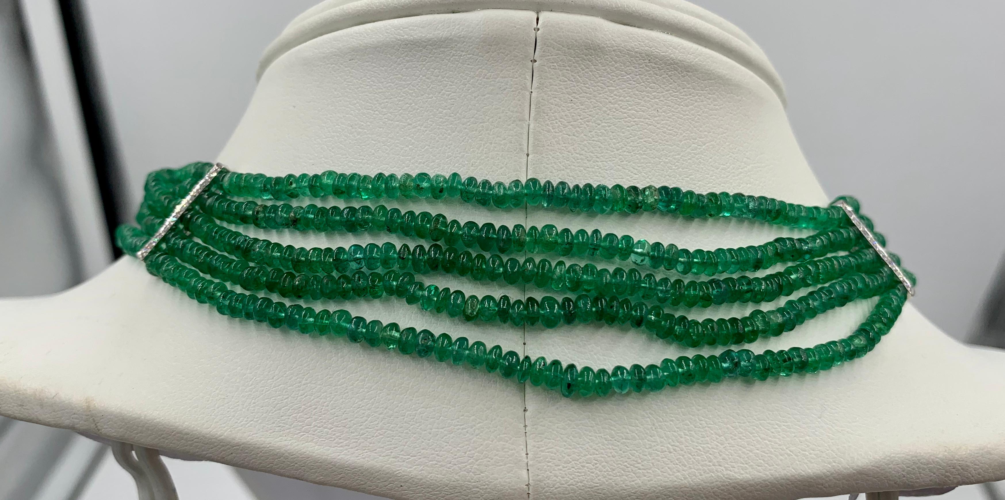 Five Strand Emerald Diamond Necklace 14 Karat White Gold Natural Mined Emeralds For Sale 5