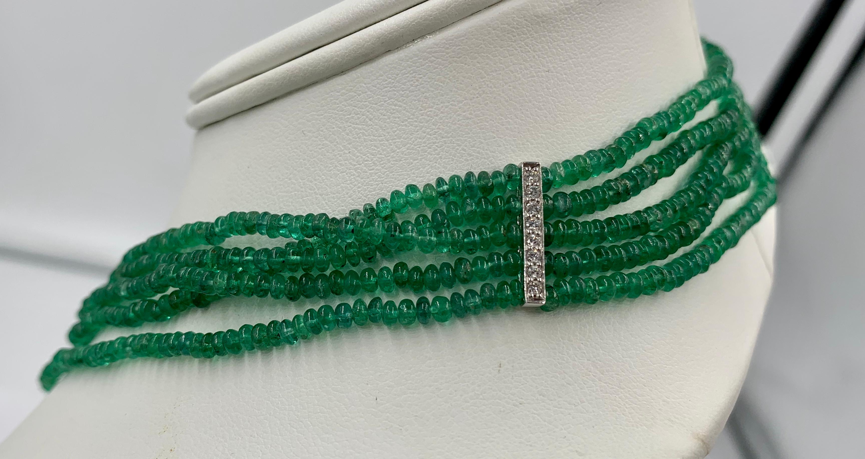 Five Strand Emerald Diamond Necklace 14 Karat White Gold Natural Mined Emeralds For Sale 6