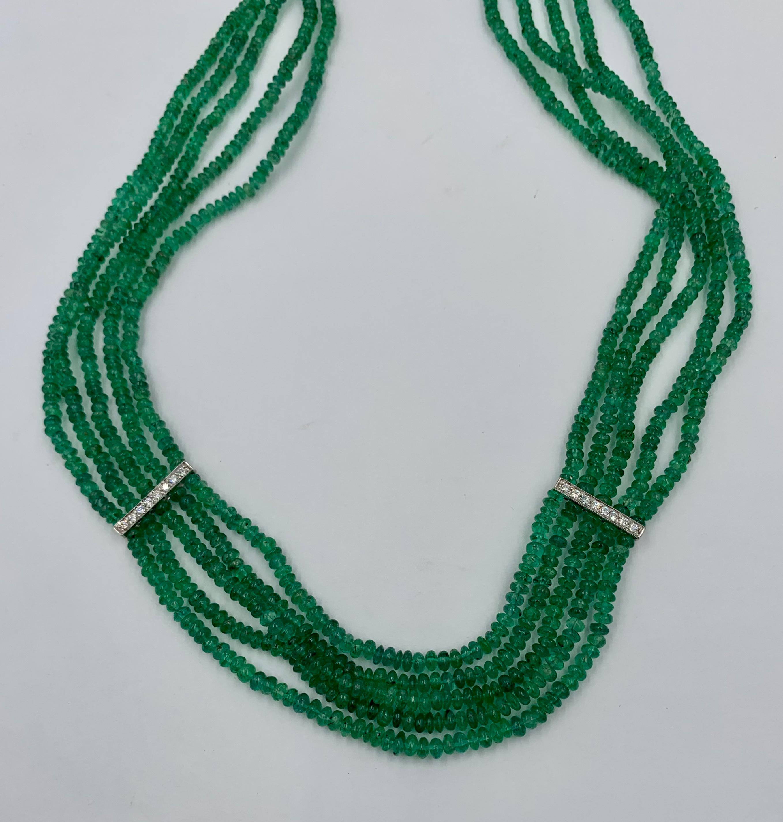Five Strand Emerald Diamond Necklace 14 Karat White Gold Natural Mined Emeralds For Sale 7
