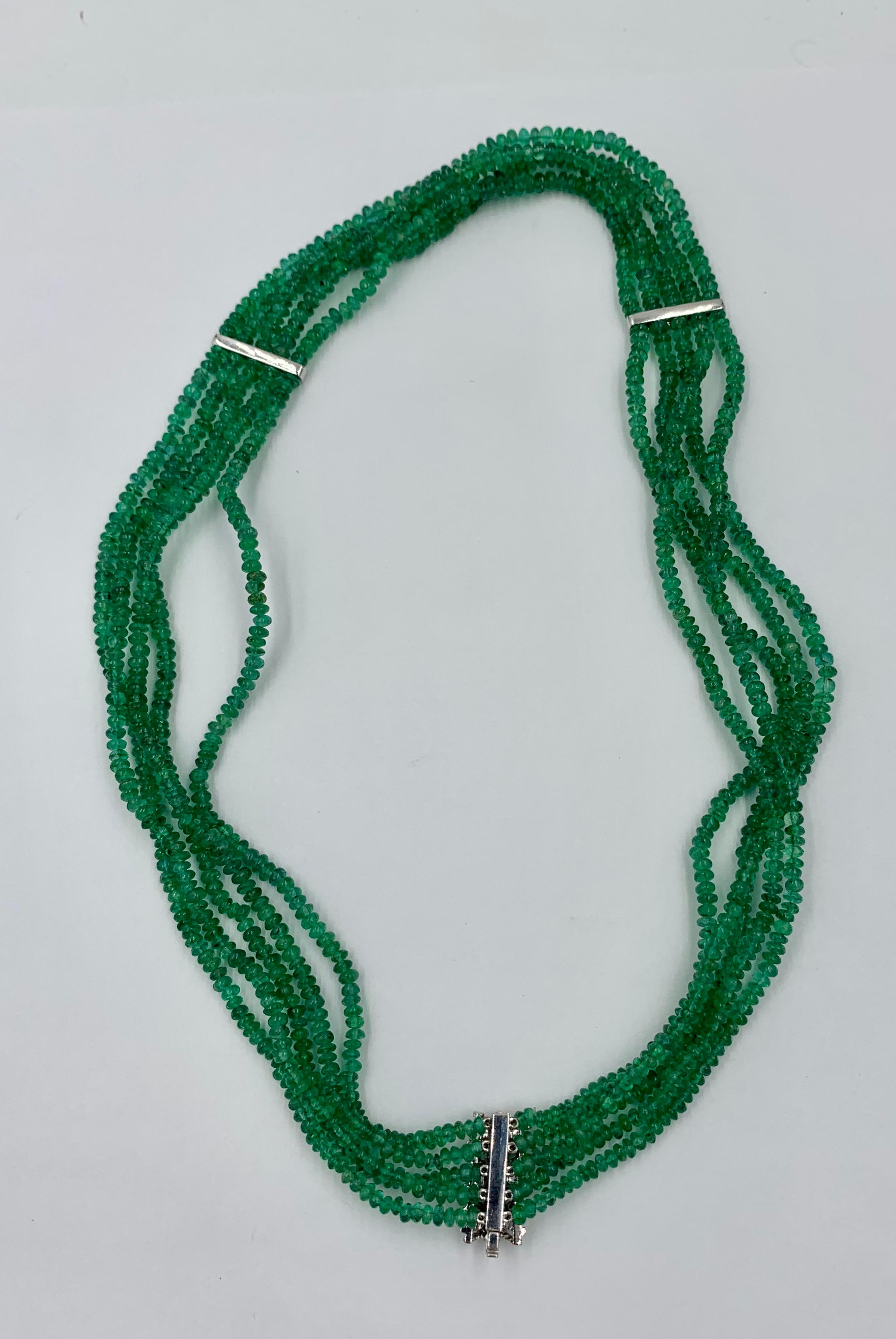 Five Strand Emerald Diamond Necklace 14 Karat White Gold Natural Mined Emeralds For Sale 8