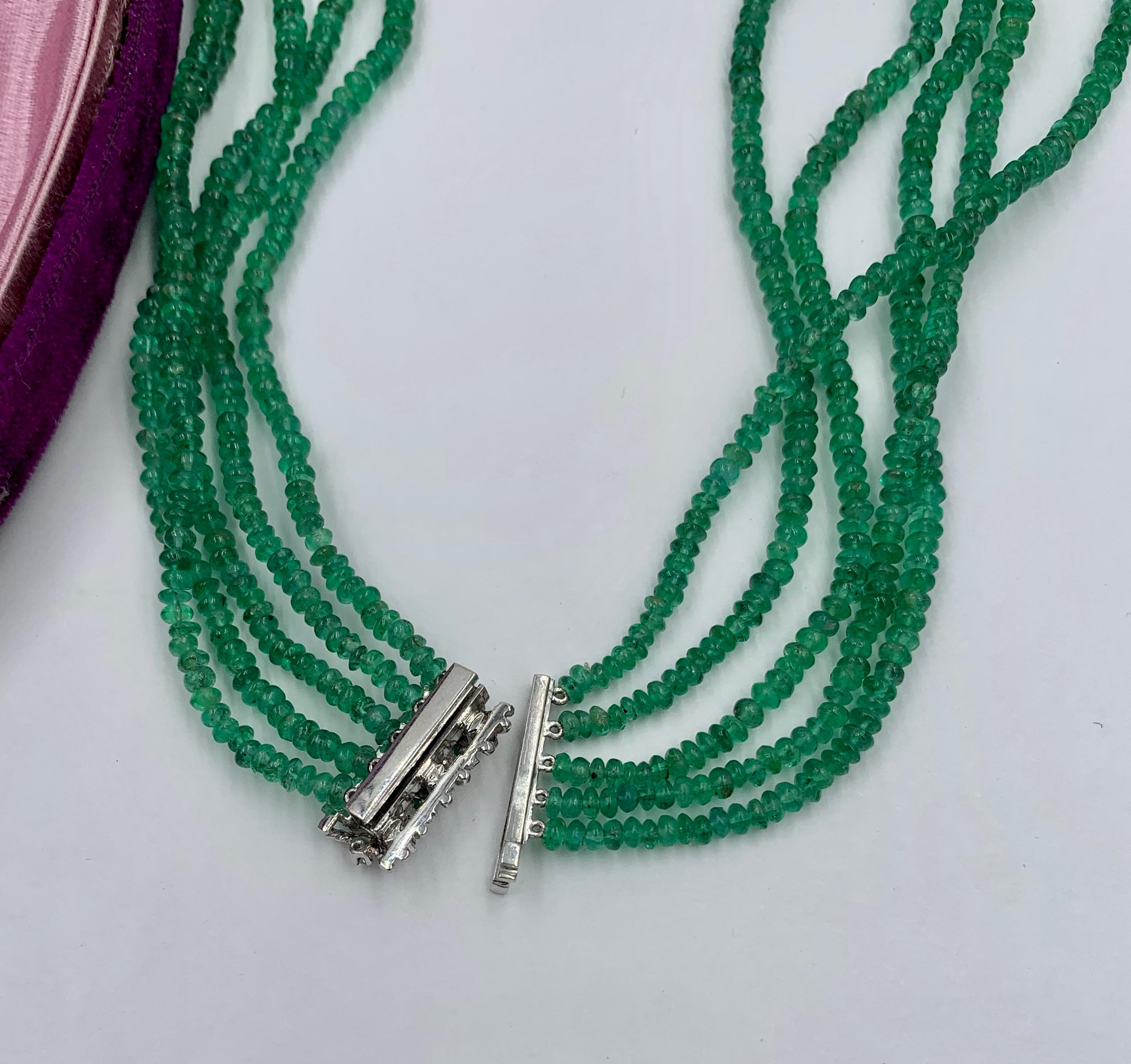 Five Strand Emerald Diamond Necklace 14 Karat White Gold Natural Mined Emeralds For Sale 9