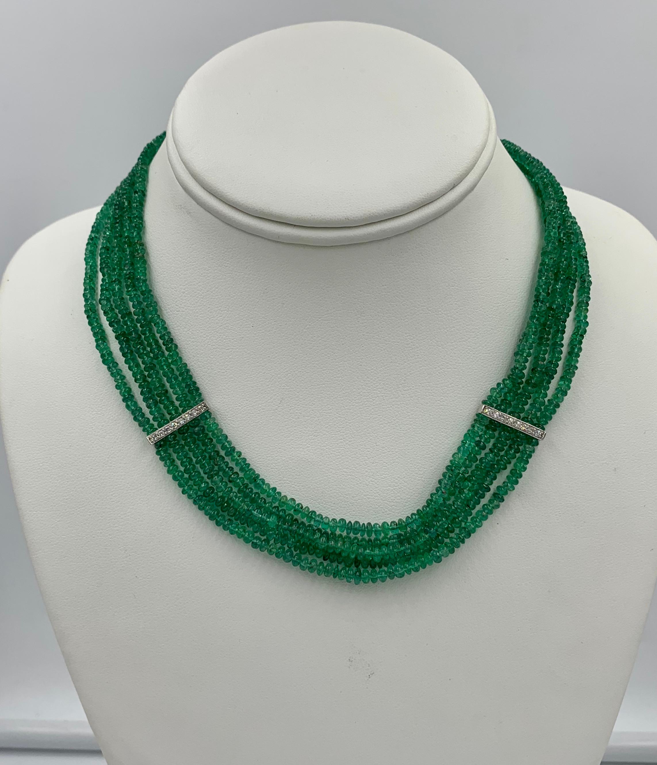 Contemporary Five Strand Emerald Diamond Necklace 14 Karat White Gold Natural Mined Emeralds For Sale