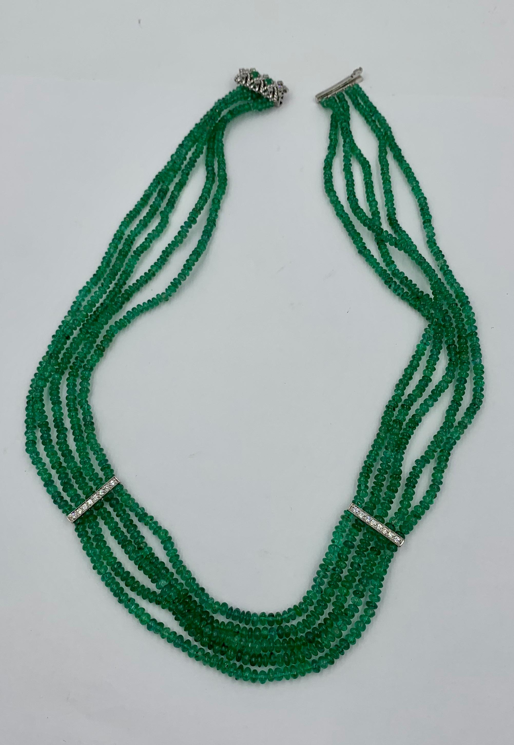 Round Cut Five Strand Emerald Diamond Necklace 14 Karat White Gold Natural Mined Emeralds For Sale