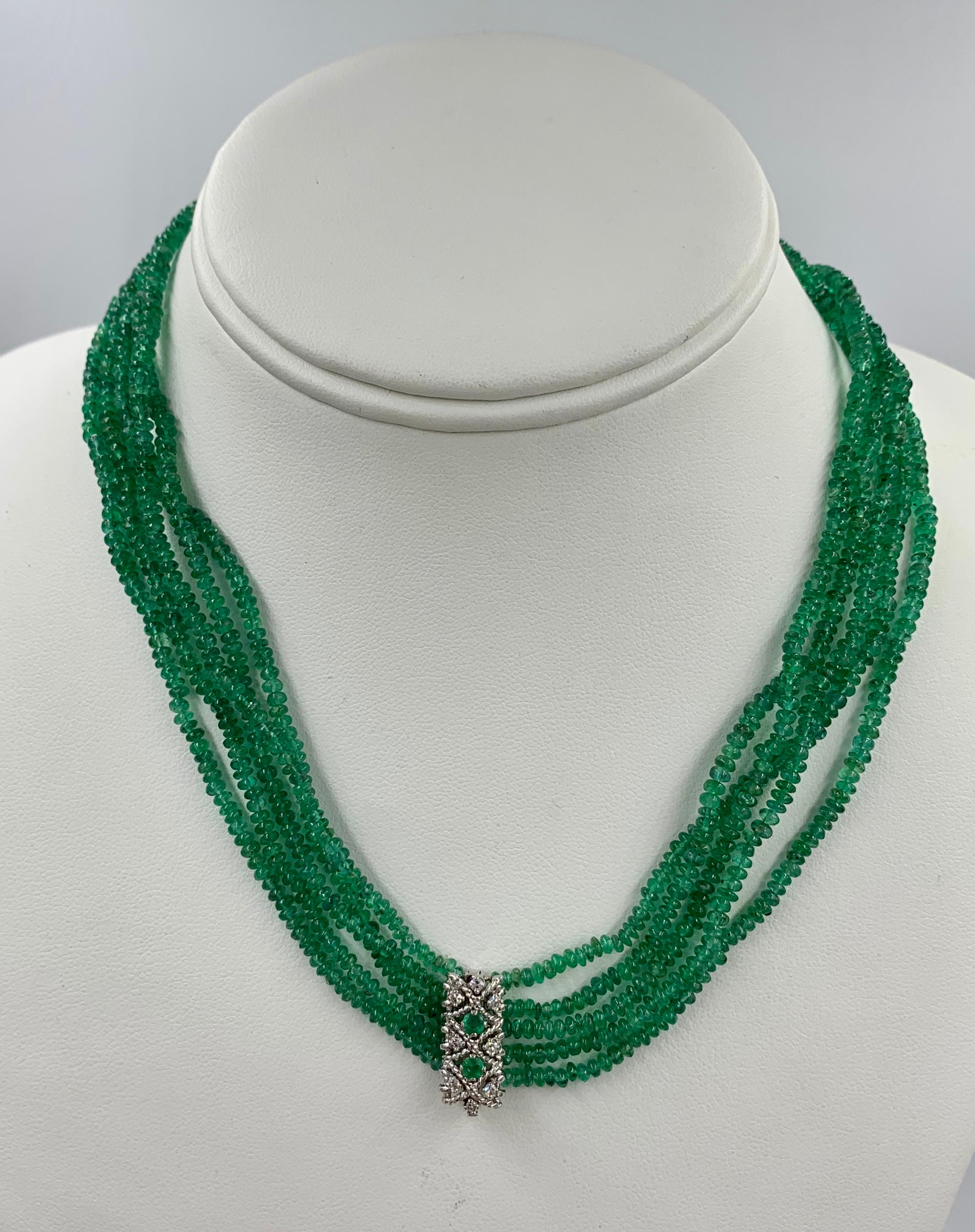 Women's Five Strand Emerald Diamond Necklace 14 Karat White Gold Natural Mined Emeralds For Sale