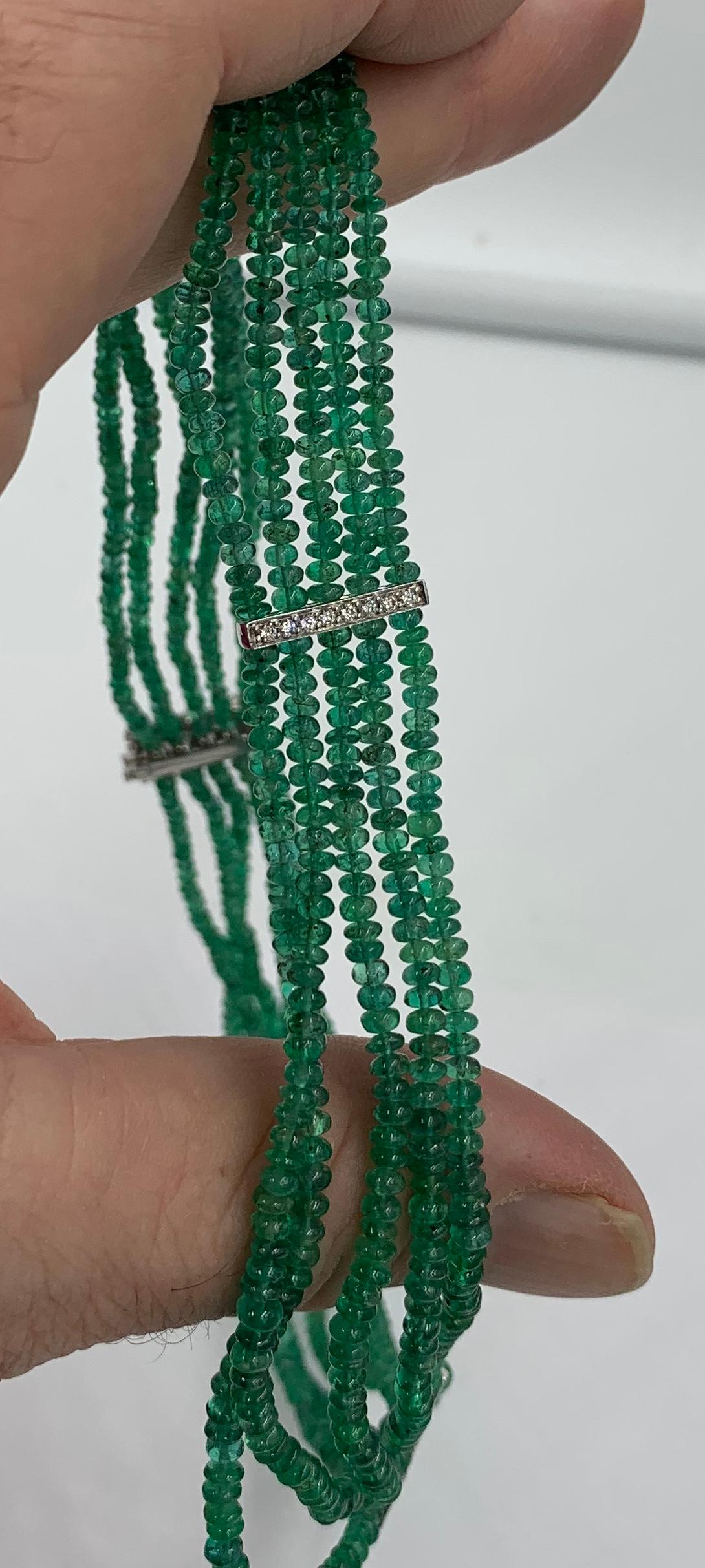 Five Strand Emerald Diamond Necklace 14 Karat White Gold Natural Mined Emeralds For Sale 1