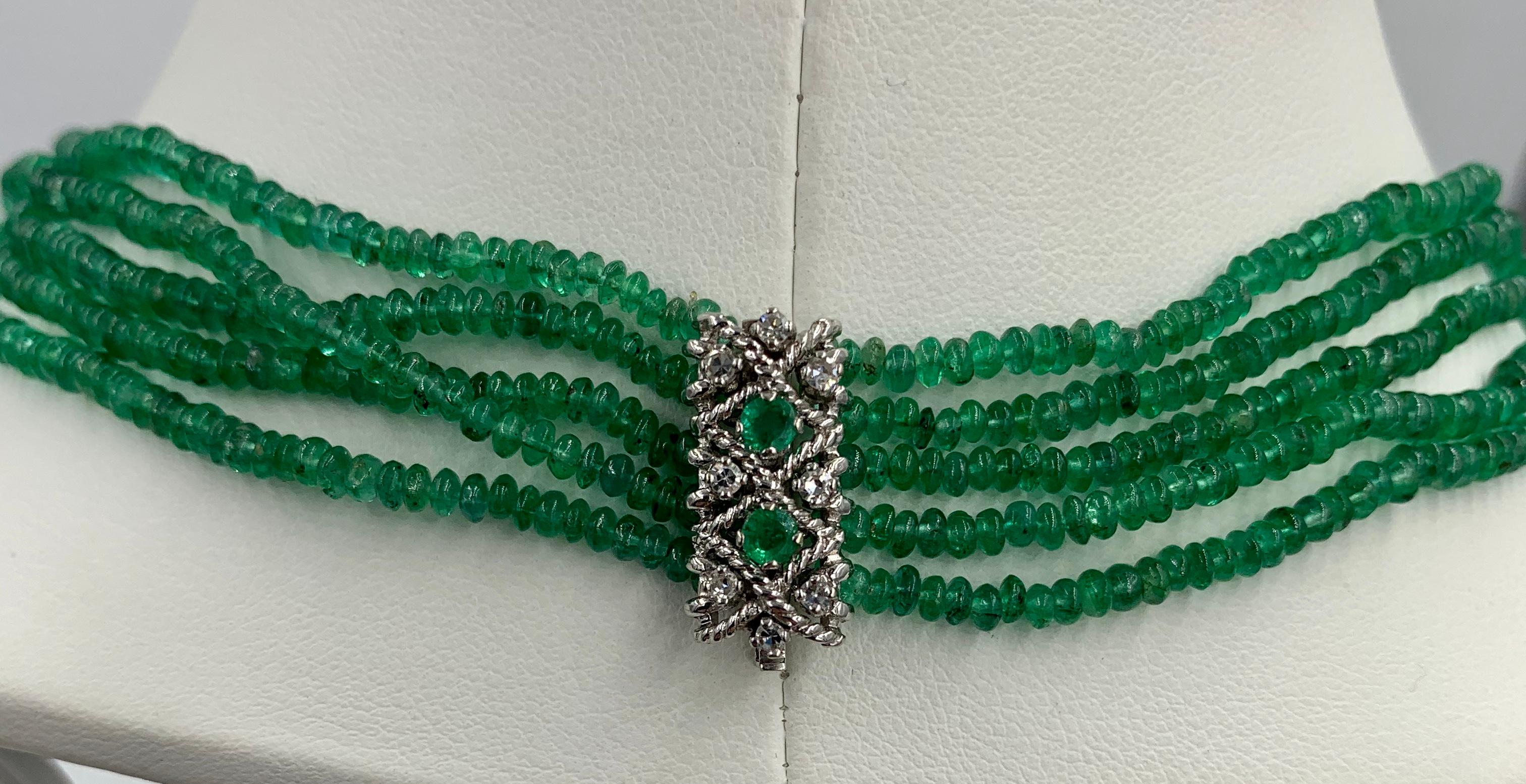 Five Strand Emerald Diamond Necklace 14 Karat White Gold Natural Mined Emeralds For Sale 3