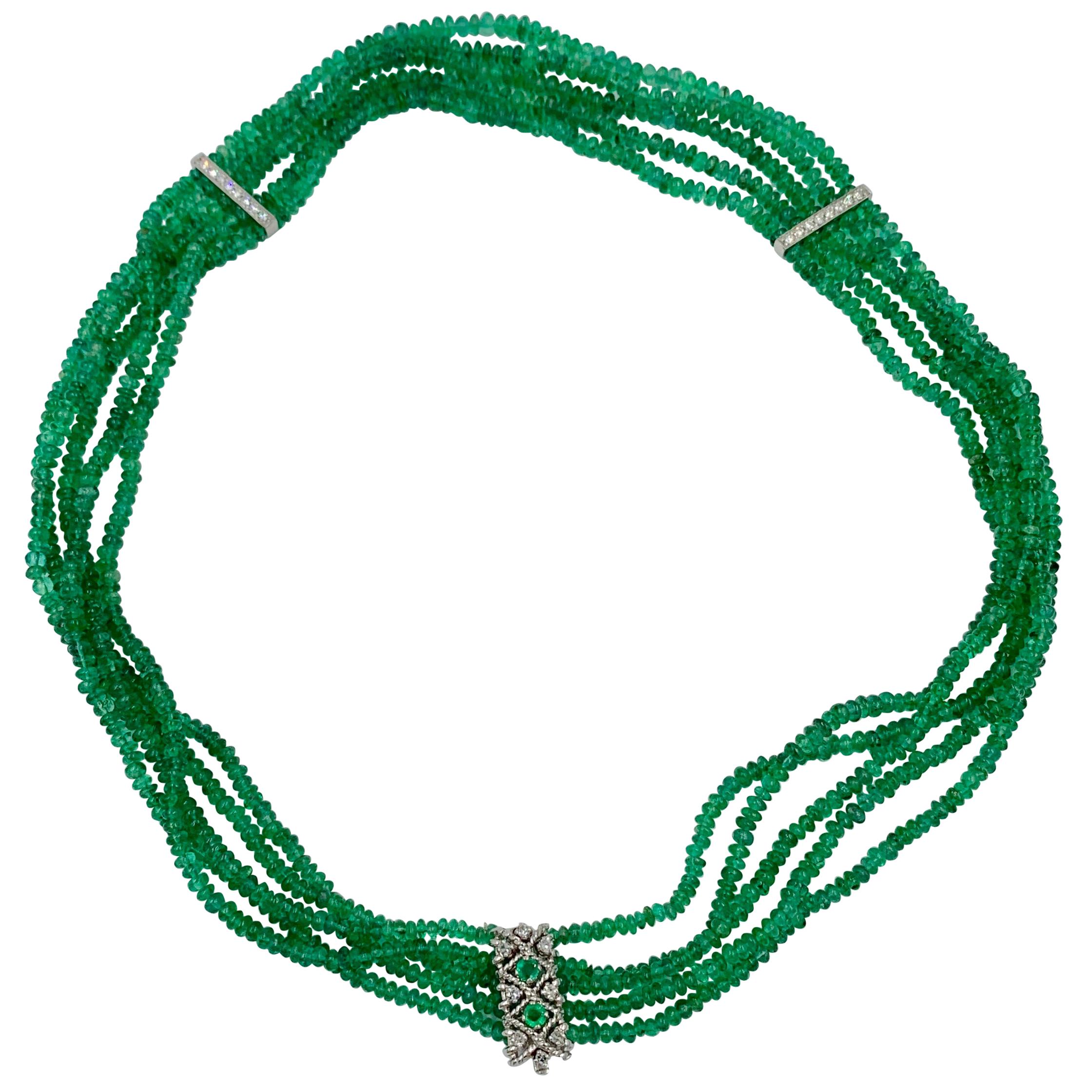 Fünfstrangige Smaragd-Diamant-Halskette aus 14 Karat Weißgold mit natürlichen Mined-Smaragden
