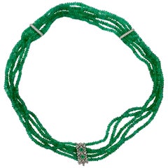 Five Strand Emerald Diamond Necklace 14 Karat White Gold Natural Mined Emeralds