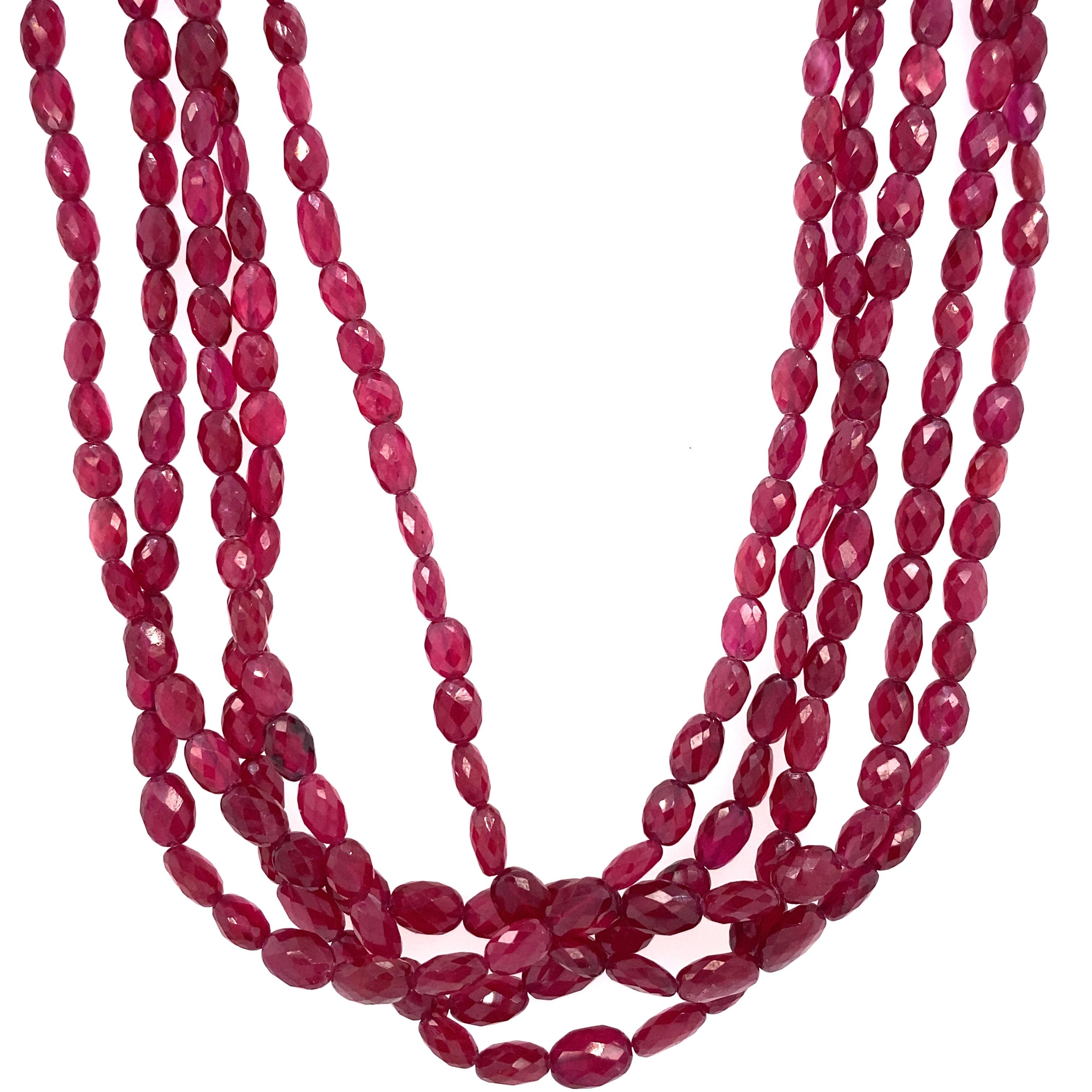 Modern Five Strand Faceted Ruby Bead Necklace with 18 Karat Gold Magnetic Clasp