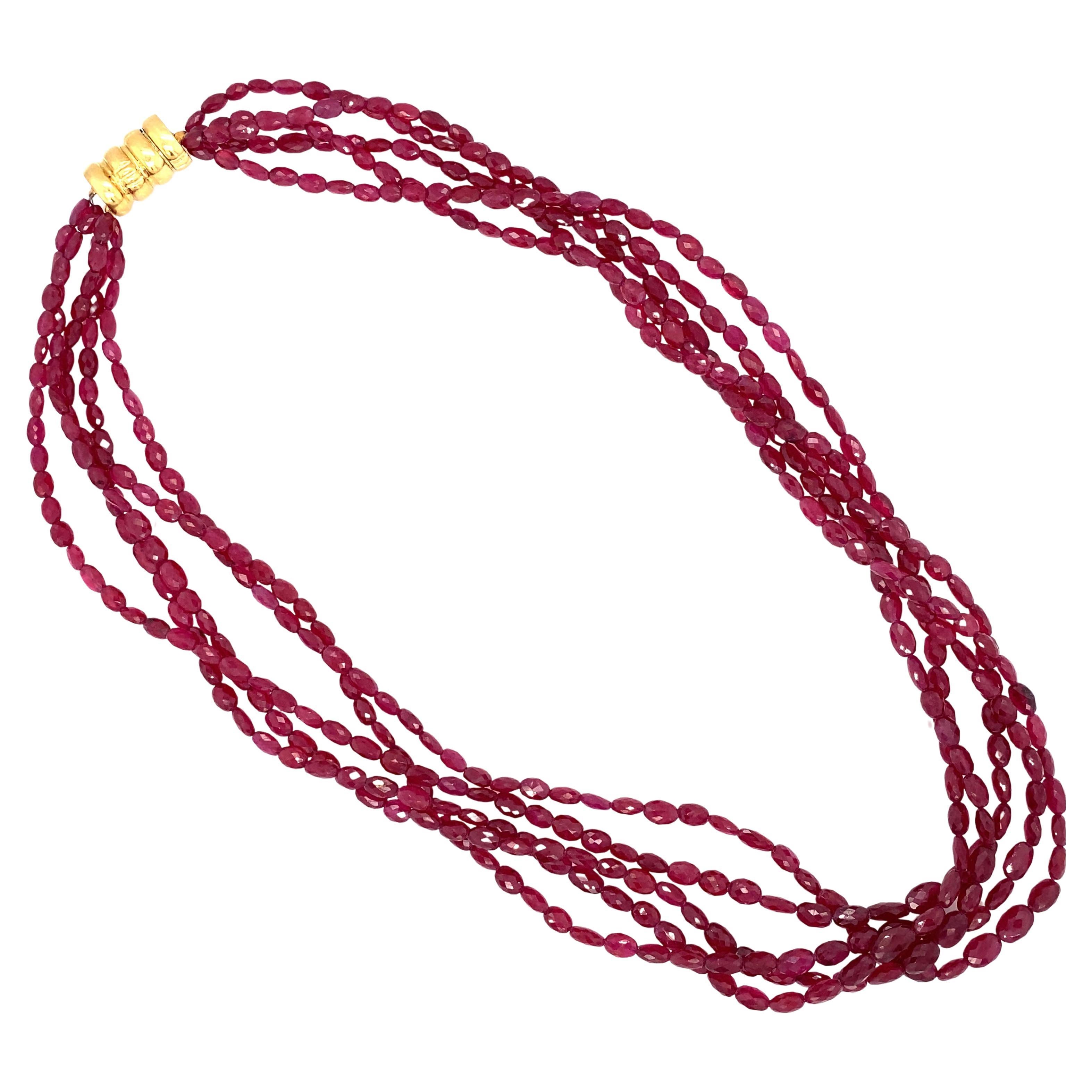 Five Strand Faceted Ruby Bead Necklace with 18 Karat Gold Magnetic Clasp