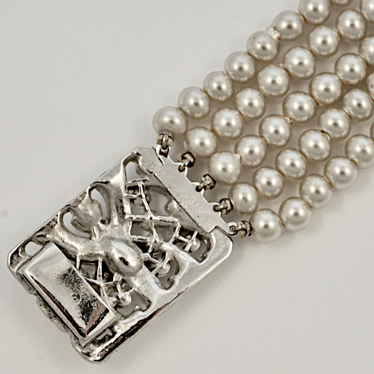 Five Strand Faux Pearl Bracelet with a Rhinestone Silver Tone Clasp In Good Condition For Sale In London, GB