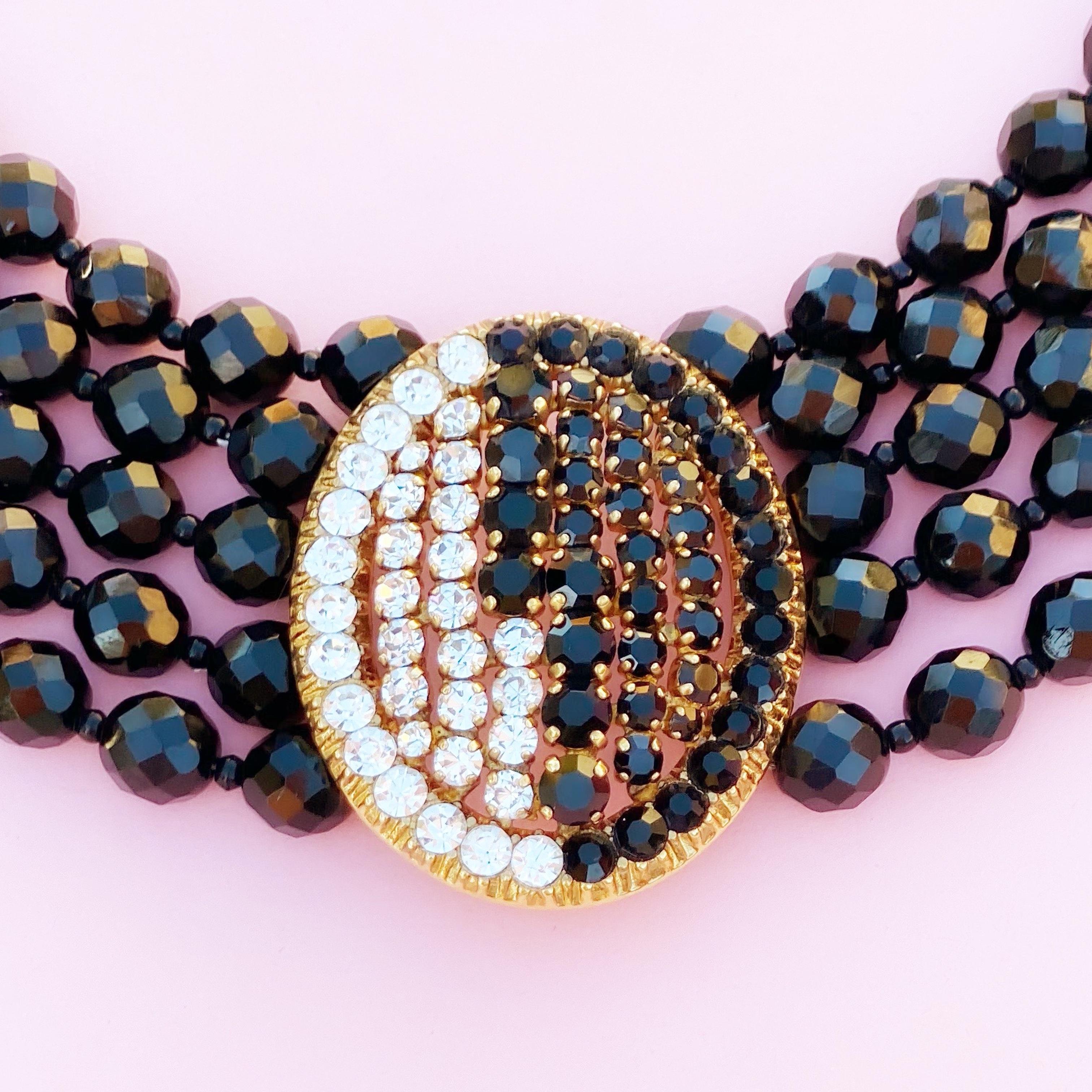 Five Strand Jet Beaded Choker w Crystal Medallion By Jean-Louise Scherrer, 1980s In Excellent Condition For Sale In McKinney, TX