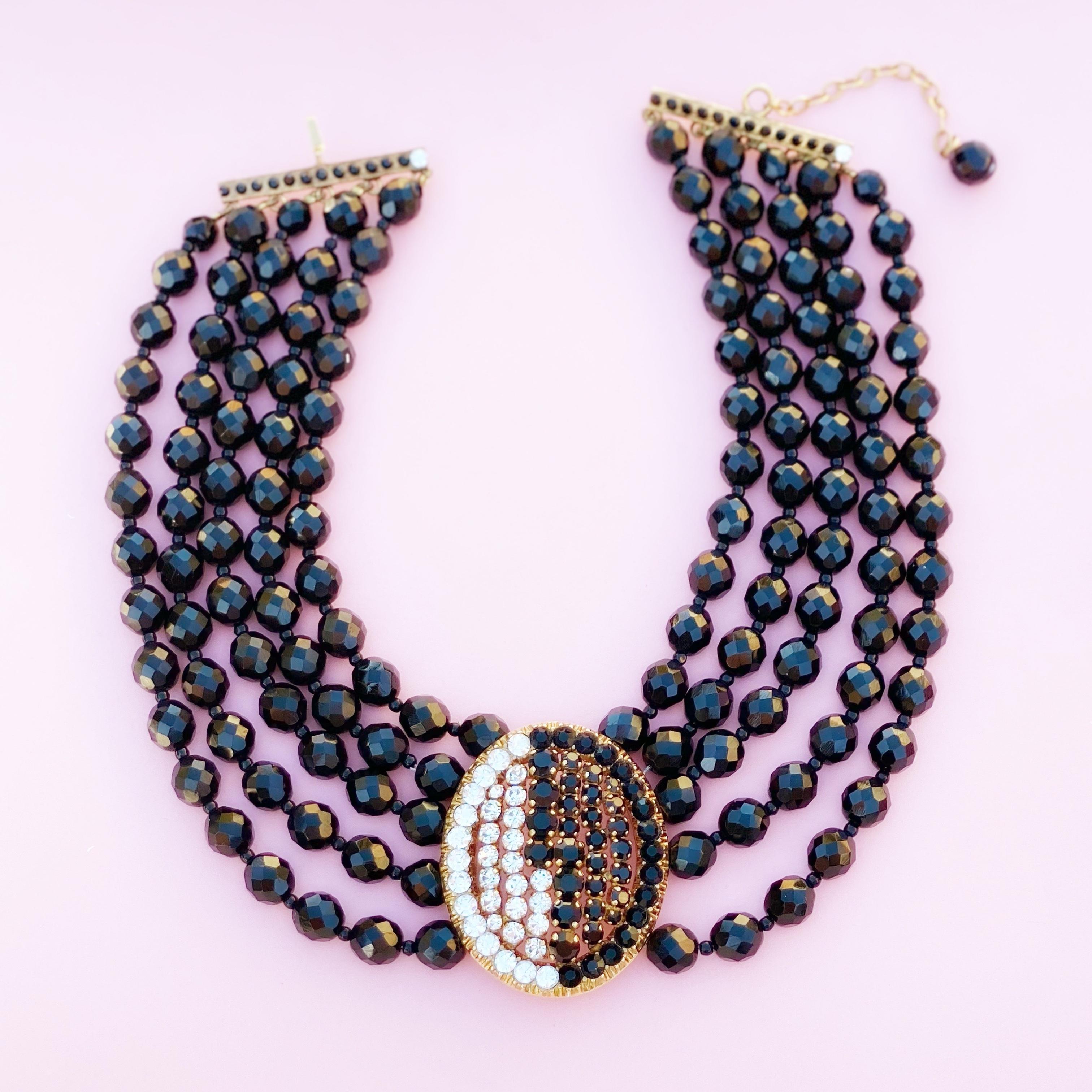 Five Strand Jet Beaded Choker w Crystal Medallion By Jean-Louise Scherrer, 1980s For Sale 1