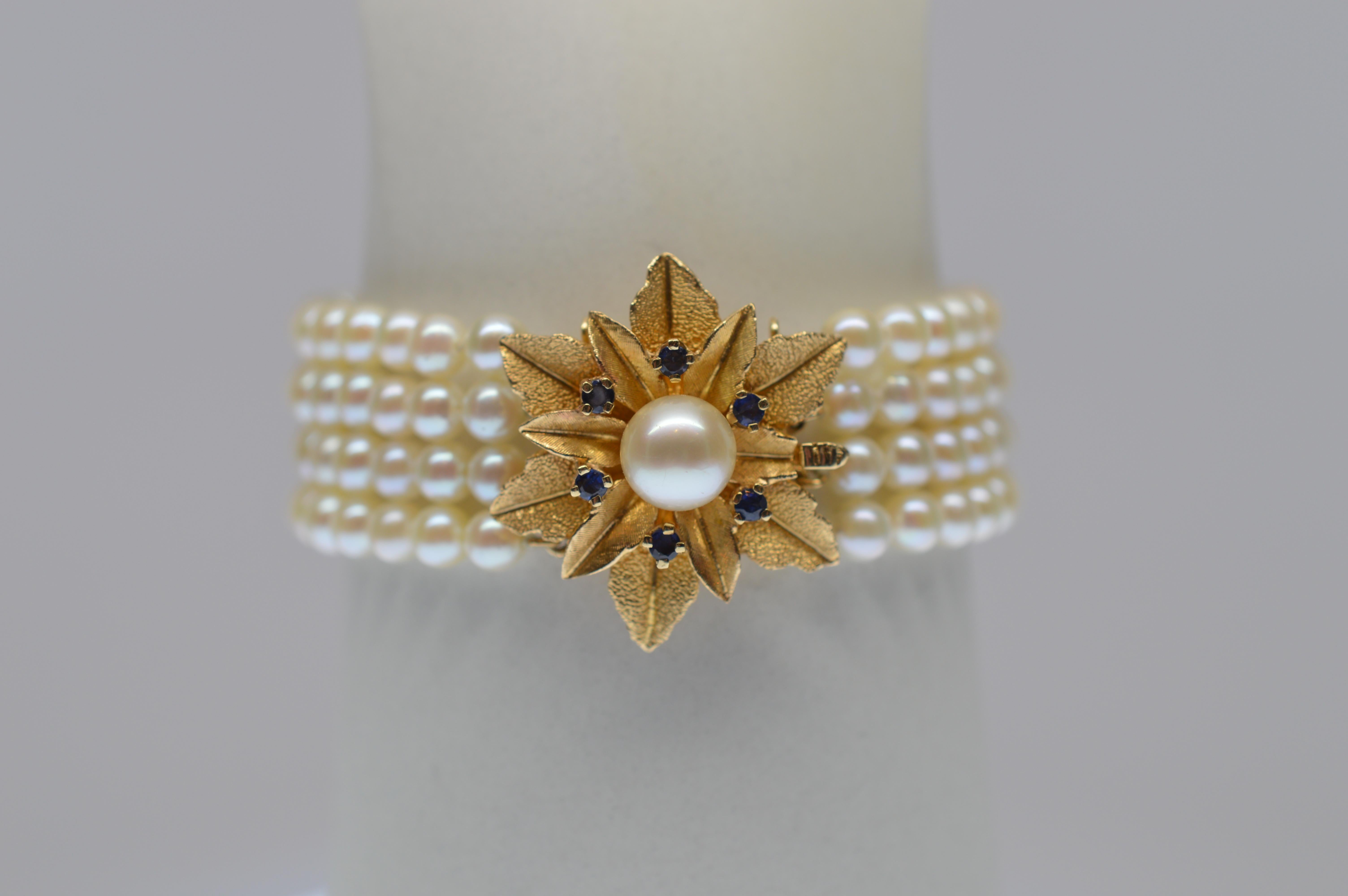 Round Cut Multi Strand Pearl Bracelet w 14K Gold & Sapphire Floral Burst Clasp For Sale