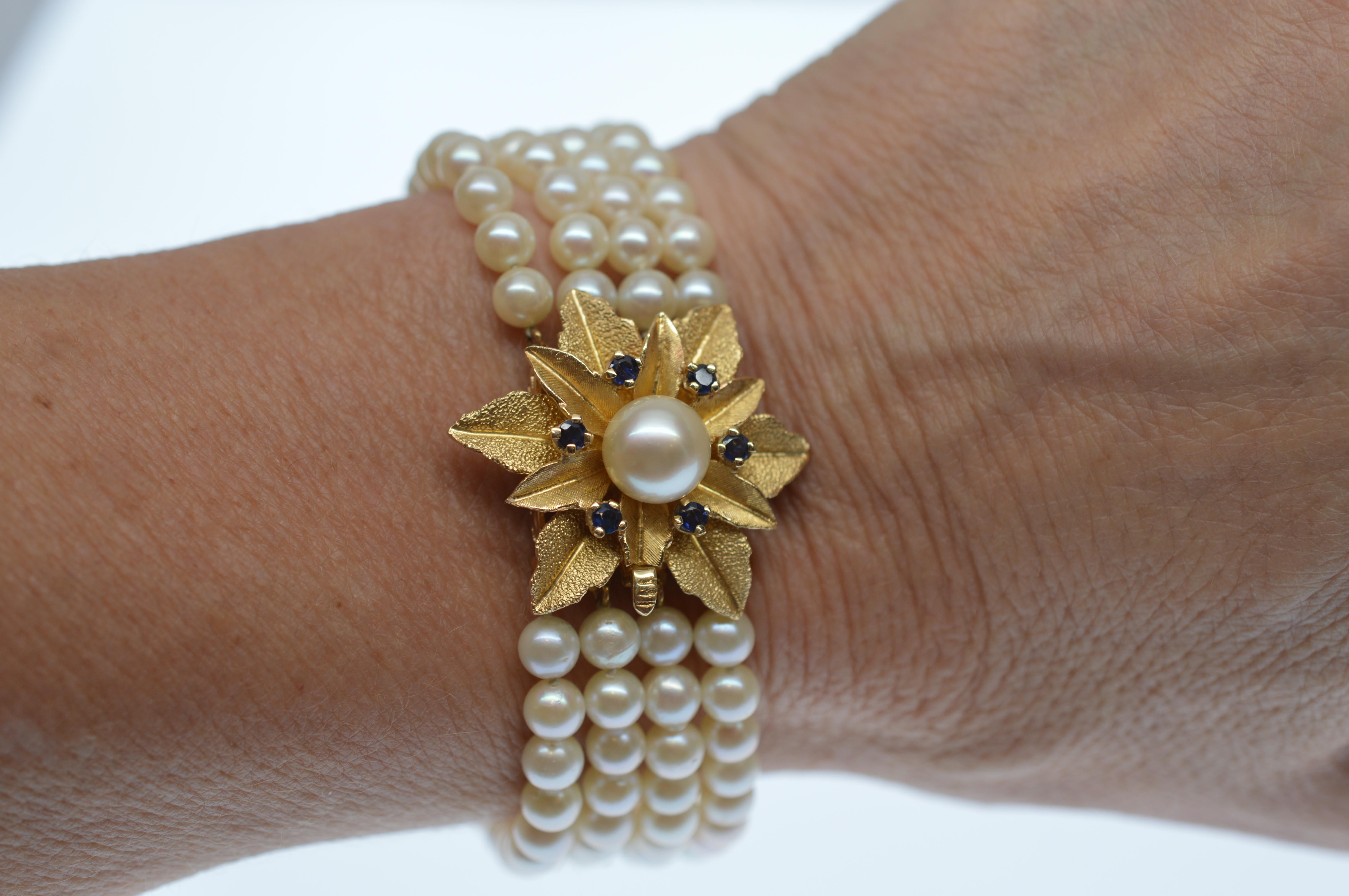 Round Cut Multi Strand Pearl Bracelet w 14K Gold & Sapphire Floral Burst Clasp For Sale