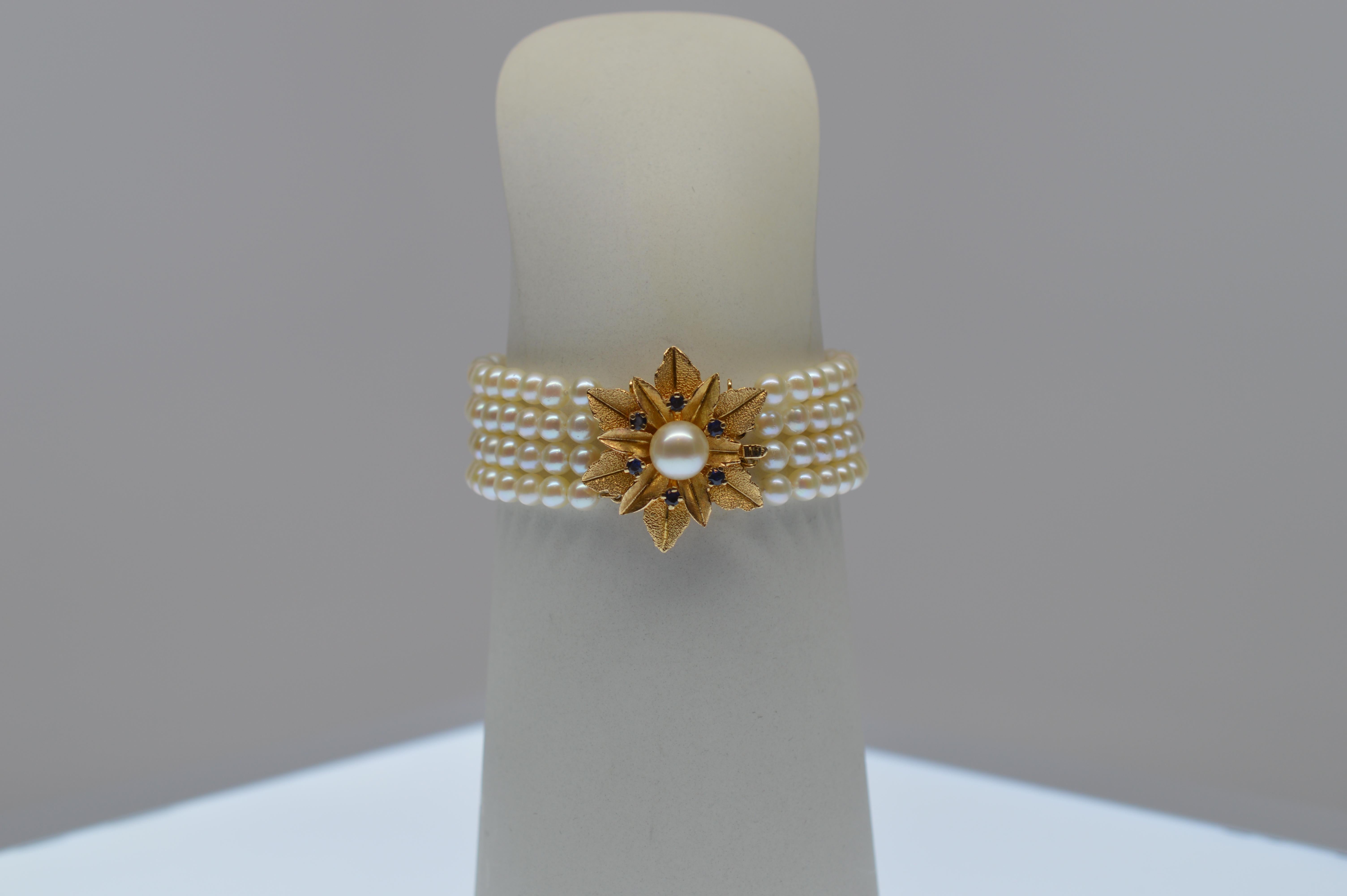Multi Strand Pearl Bracelet w 14K Gold & Sapphire Floral Burst Clasp For Sale 1