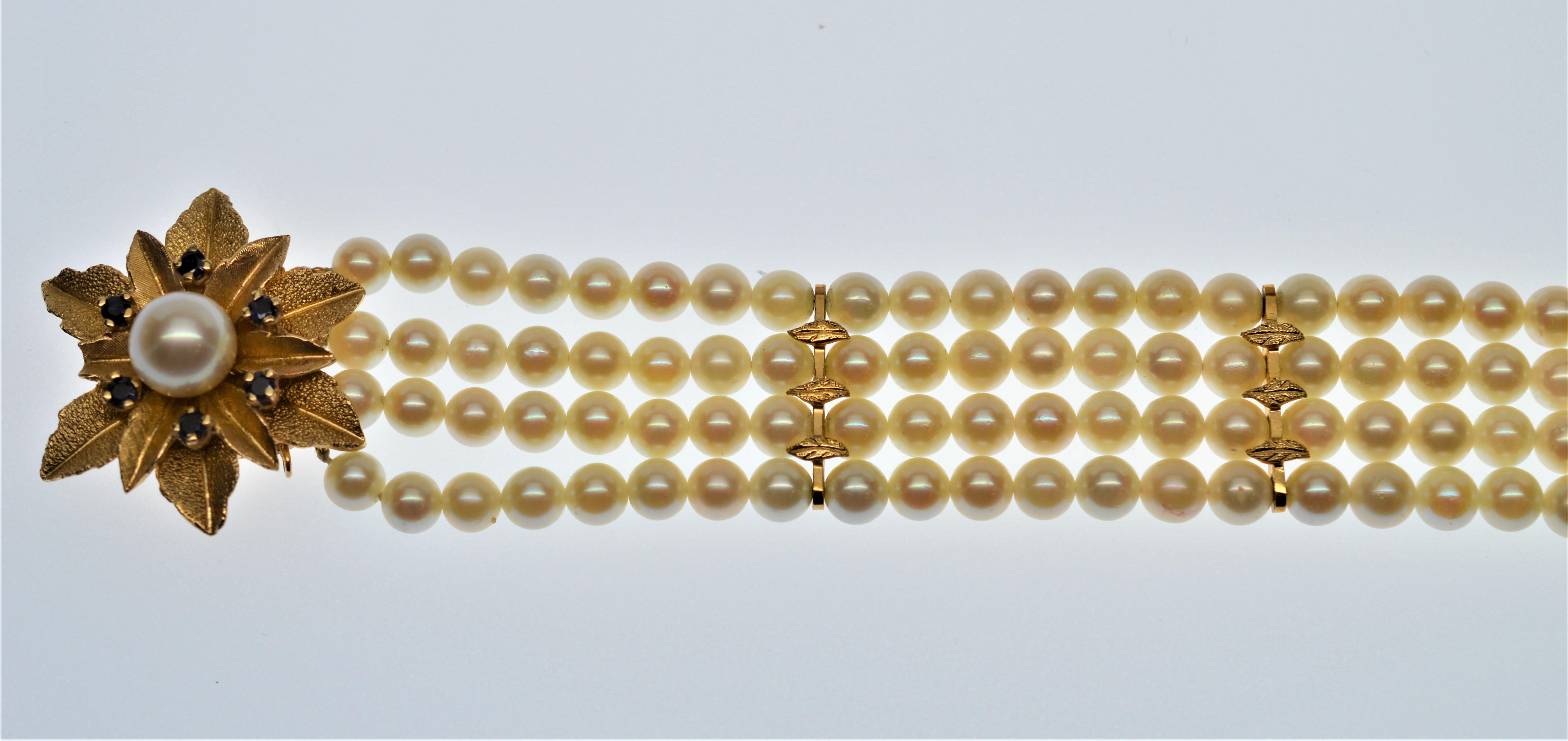 Multi Strand Pearl Bracelet w 14K Gold & Sapphire Floral Burst Clasp For Sale 2