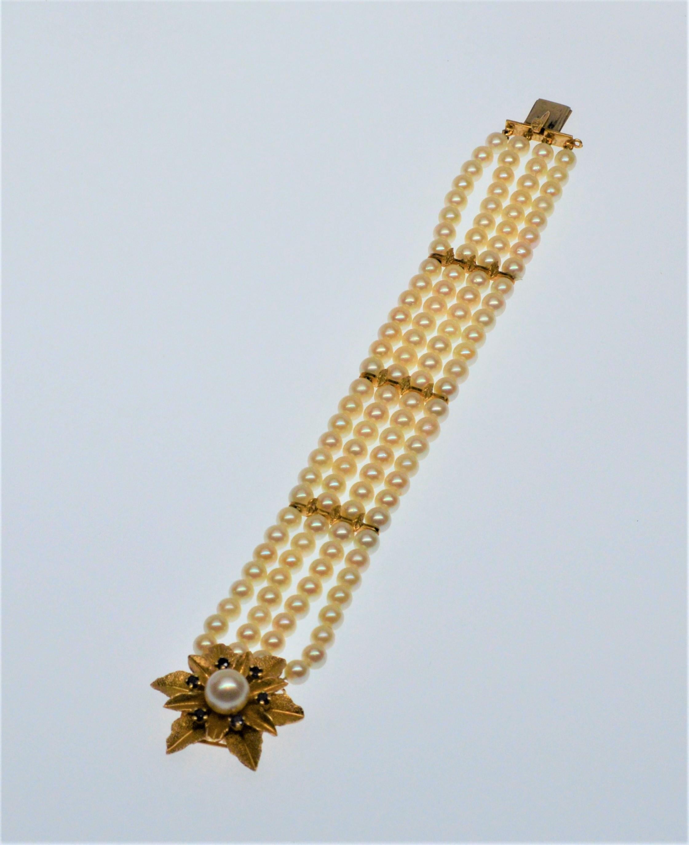Multi Strand Pearl Bracelet w 14K Gold & Sapphire Floral Burst Clasp For Sale 3
