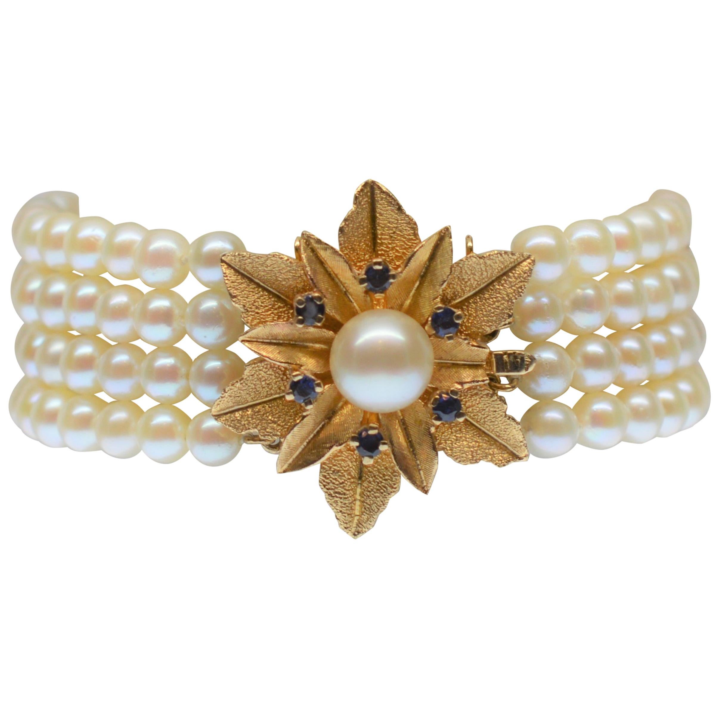 Multi Strand Pearl Bracelet w 14K Gold & Sapphire Floral Burst Clasp