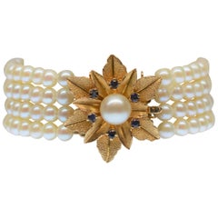 Multi Strand Pearl Bracelet w 14K Gold & Sapphire Floral Burst Clasp