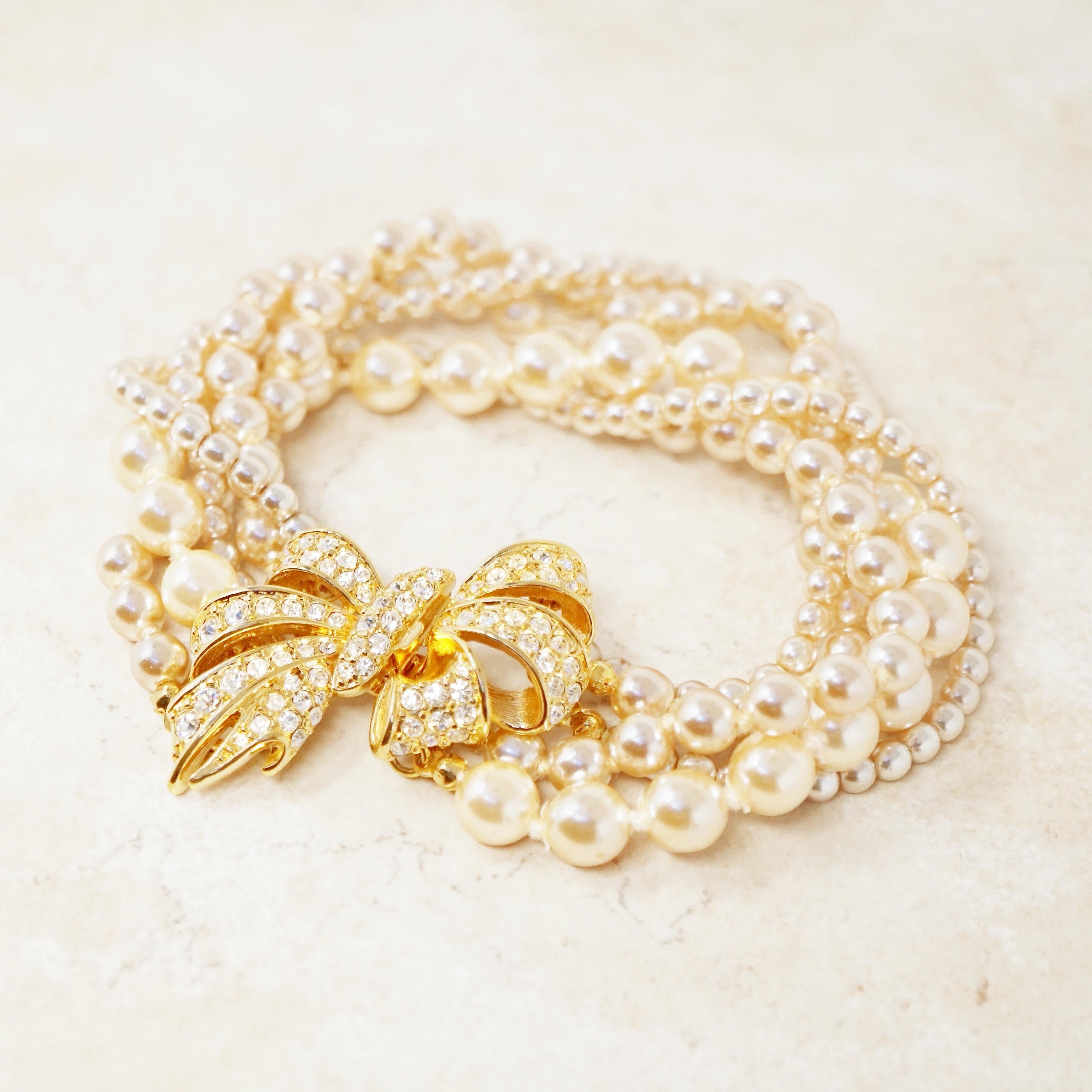 Five Strand Pearl Bracelet with Crystal Pavé Bow Clasp by Nolan Miller, 1980s In Excellent Condition In McKinney, TX