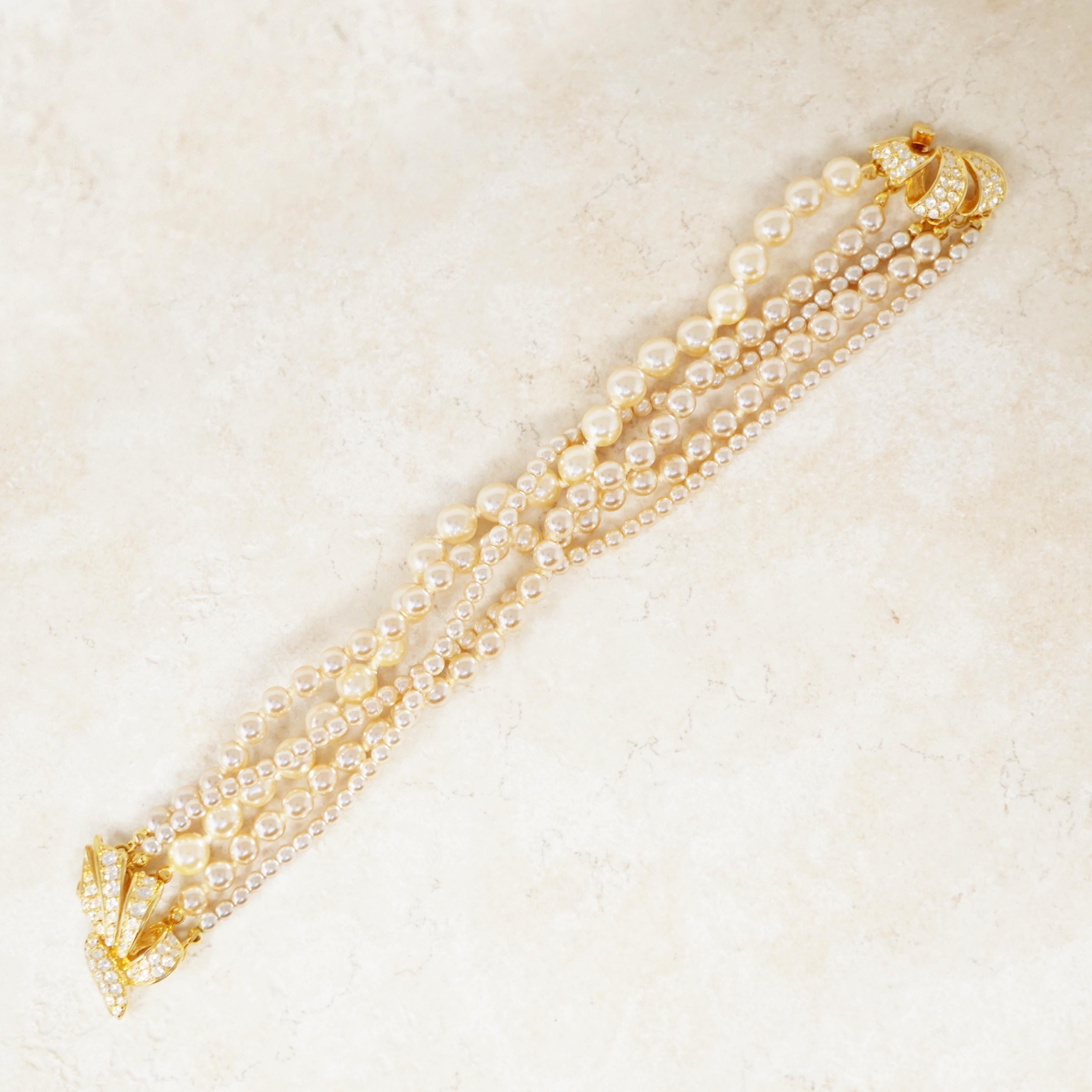 Five Strand Pearl Bracelet with Crystal Pavé Bow Clasp by Nolan Miller, 1980s 1