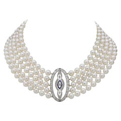 Fünfsträngige Perlenhalskette mit Diamant- und Saphirplakette aus der Belle Epoque