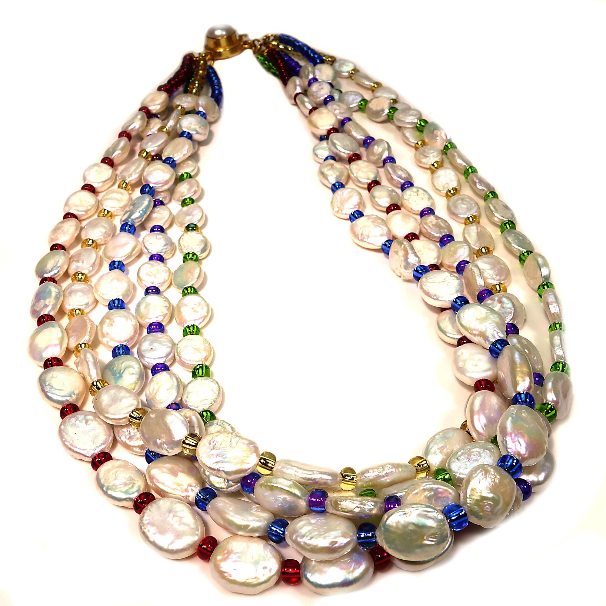 The Pearl is the Queen of Gems and gem of Queens

Necklace of white iridescent pearls and five colors of Czech beads, red, blue, green, purple, gold.   Each strand of pearls alternates with a different color of bead.  The necklace is 21 inches long