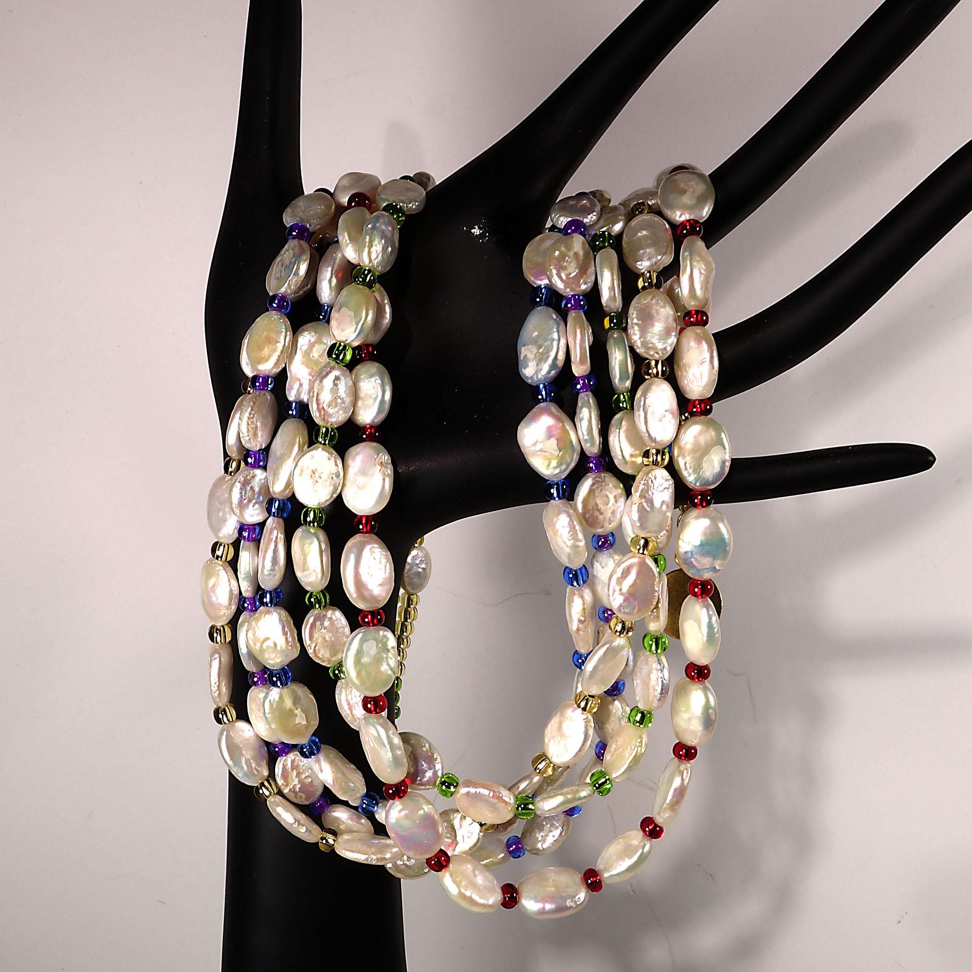 AJD Five-Strand Pearl Necklace with Multi-Color Beads June Birthstone In New Condition In Raleigh, NC