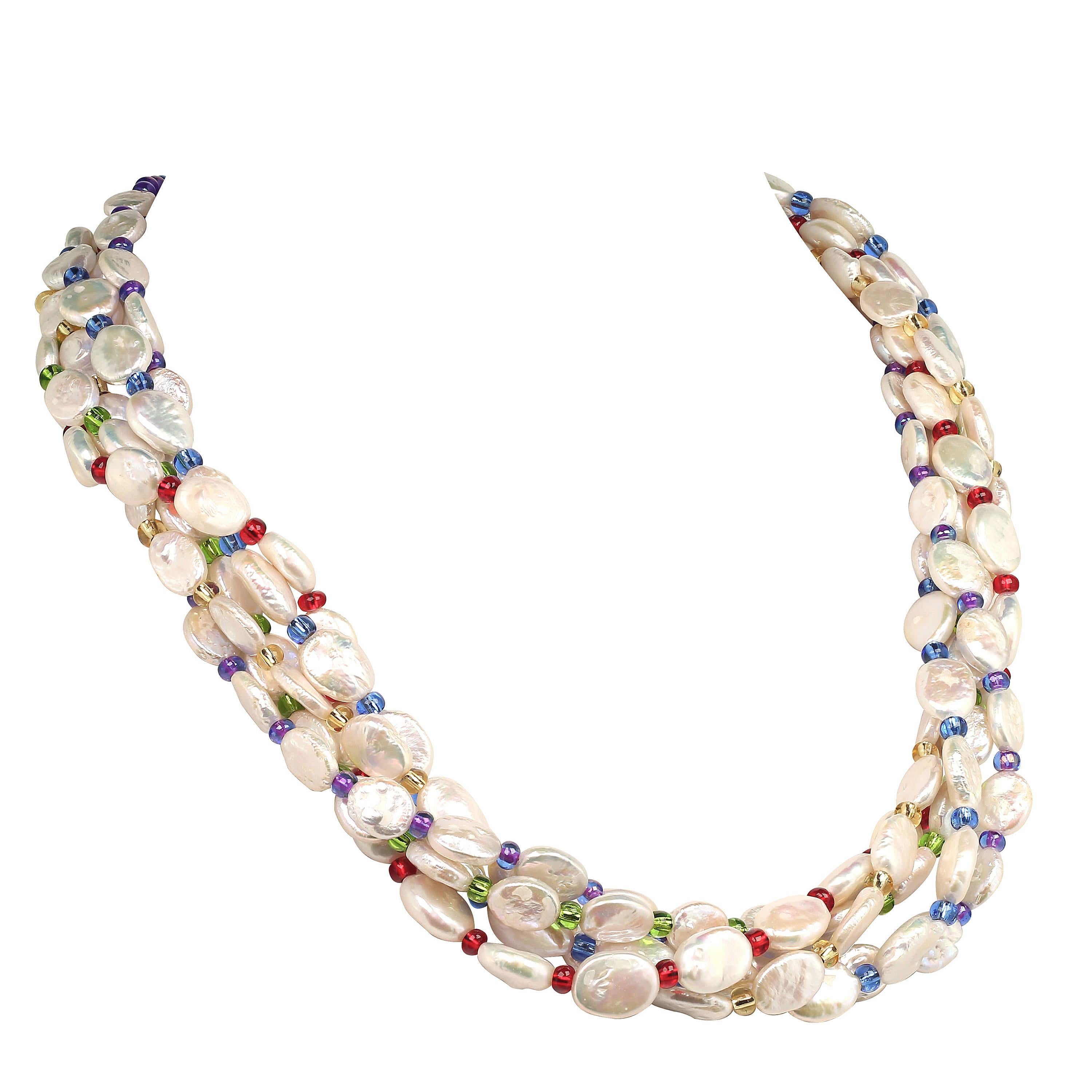 Women's or Men's AJD Five-Strand Pearl Necklace with Multi-Color Beads June Birthstone