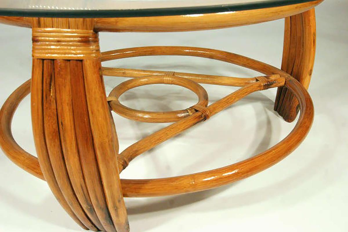 Mid-Century Modern Five Strand Rattan Coffee Table with Glass Top