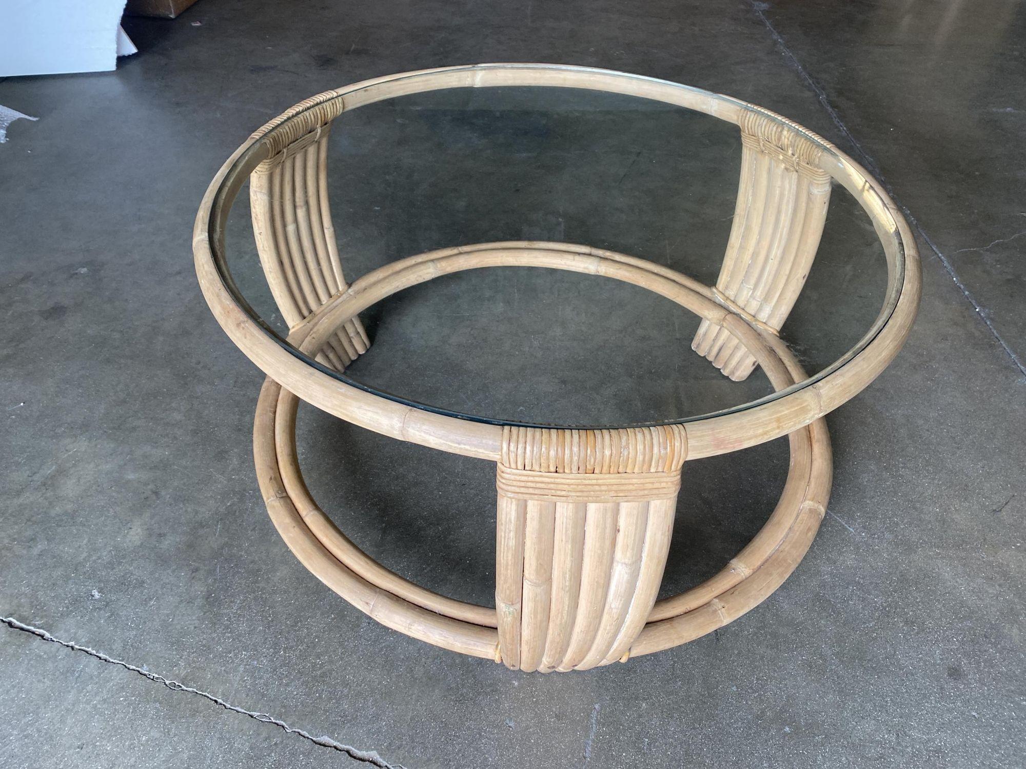 Mid-Century Modern Five Strand Rattan Coffee Table with Glass Top For Sale