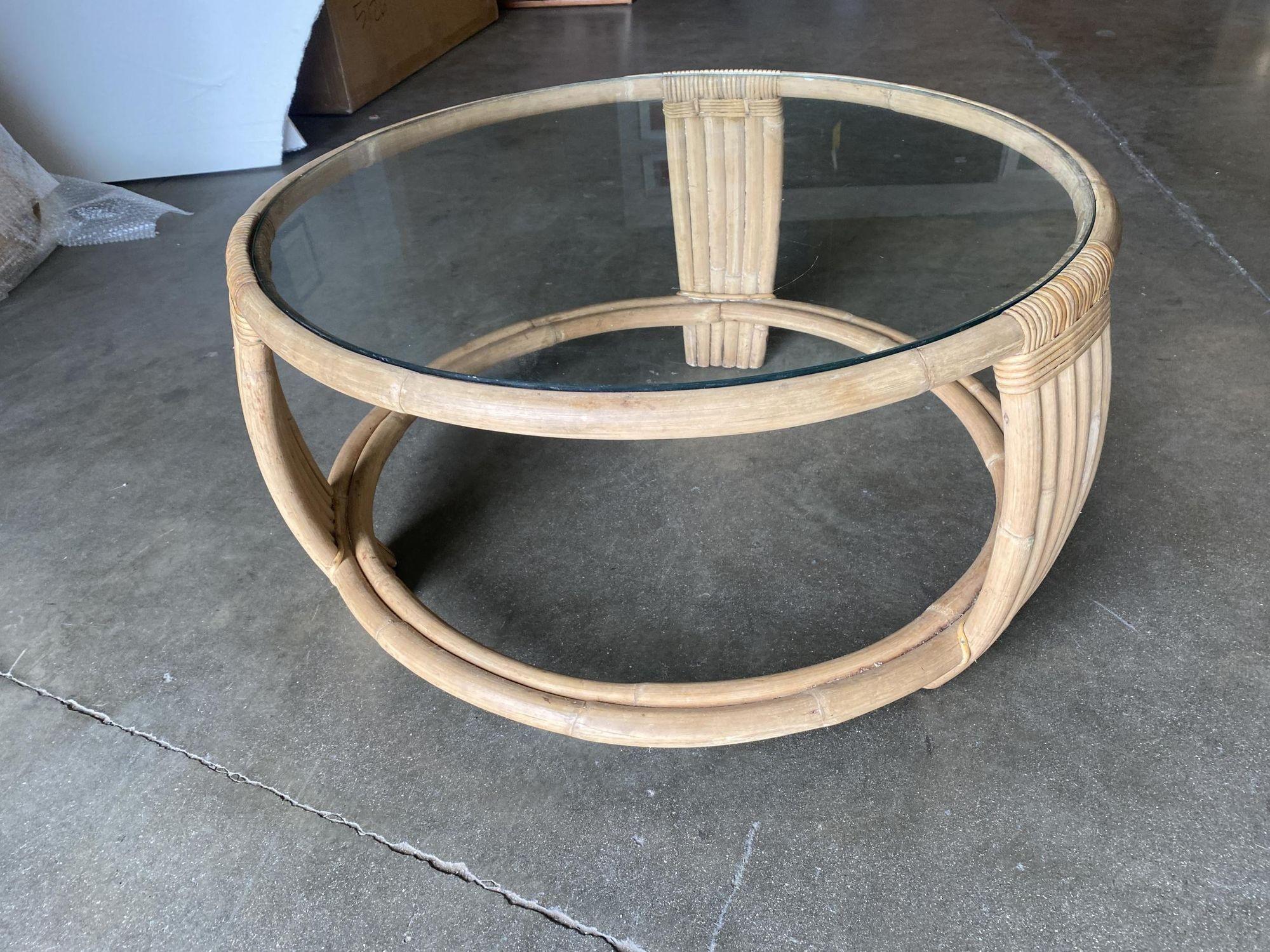 Five Strand Rattan Coffee Table with Glass Top In Excellent Condition For Sale In Van Nuys, CA
