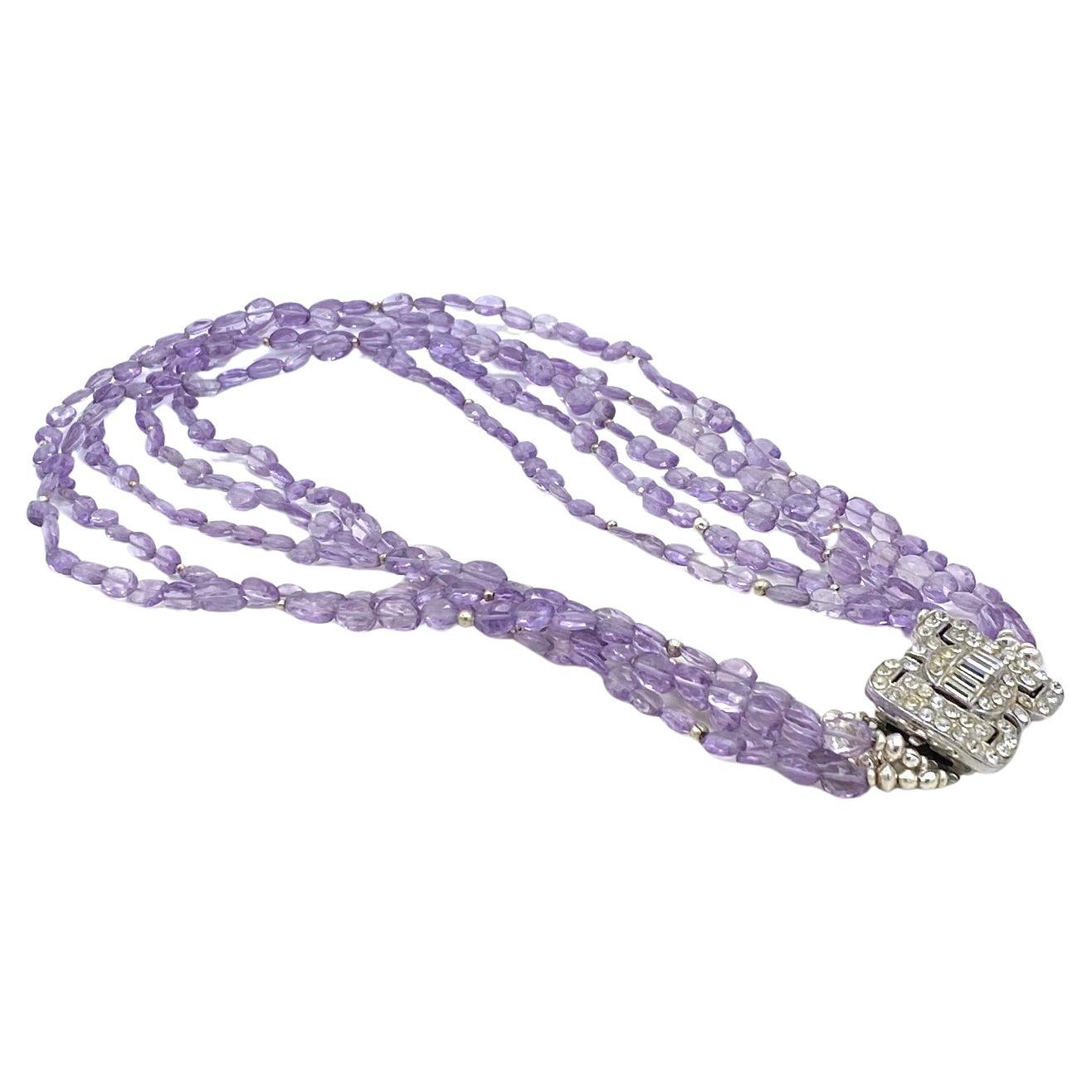 Bead Five Strand Translucent Amethyst Necklace with Art Deco Clasp For Sale