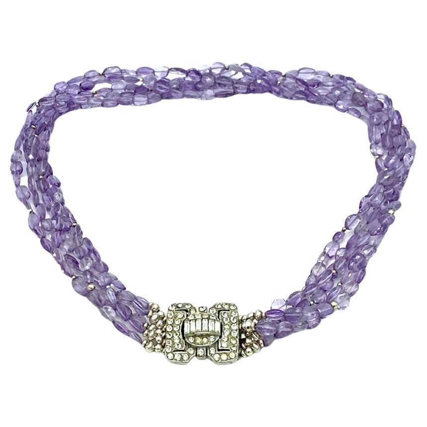 Five Strand Translucent Amethyst Necklace with Art Deco Clasp For Sale