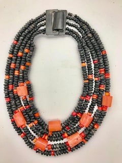 SYLVIA GOTTWALD, Vintage Coral and black bone, five strand , Statement Necklace